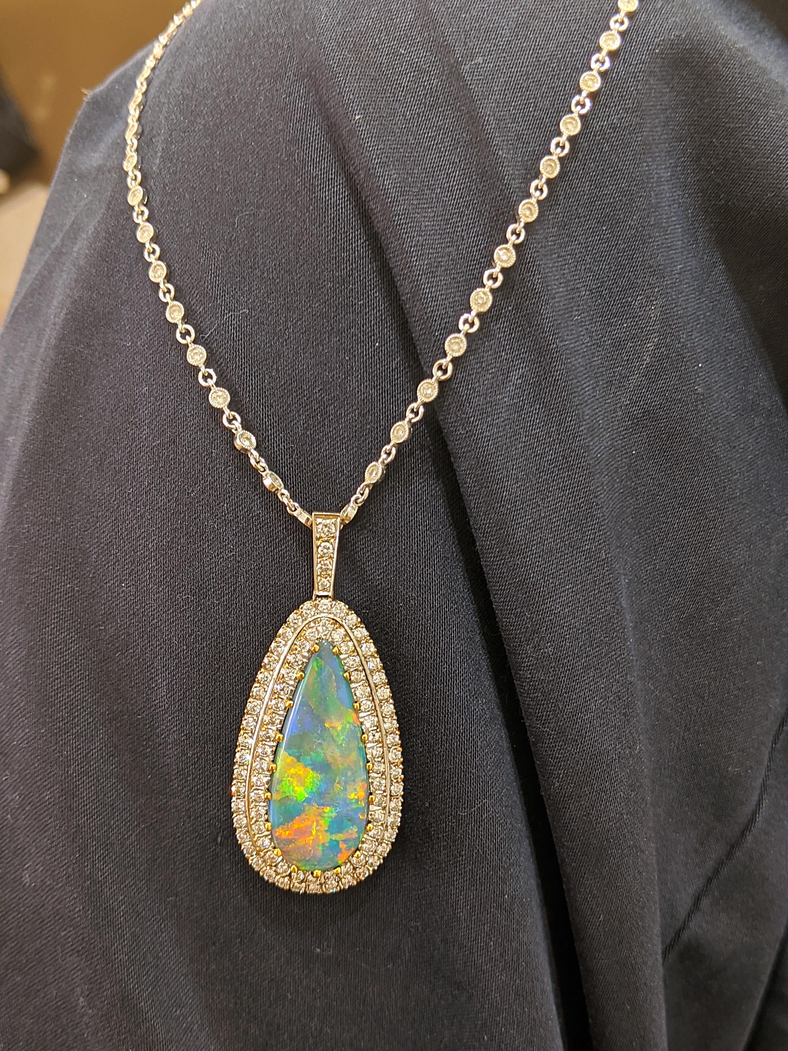 White Gold Opal and Diamond Pendant 