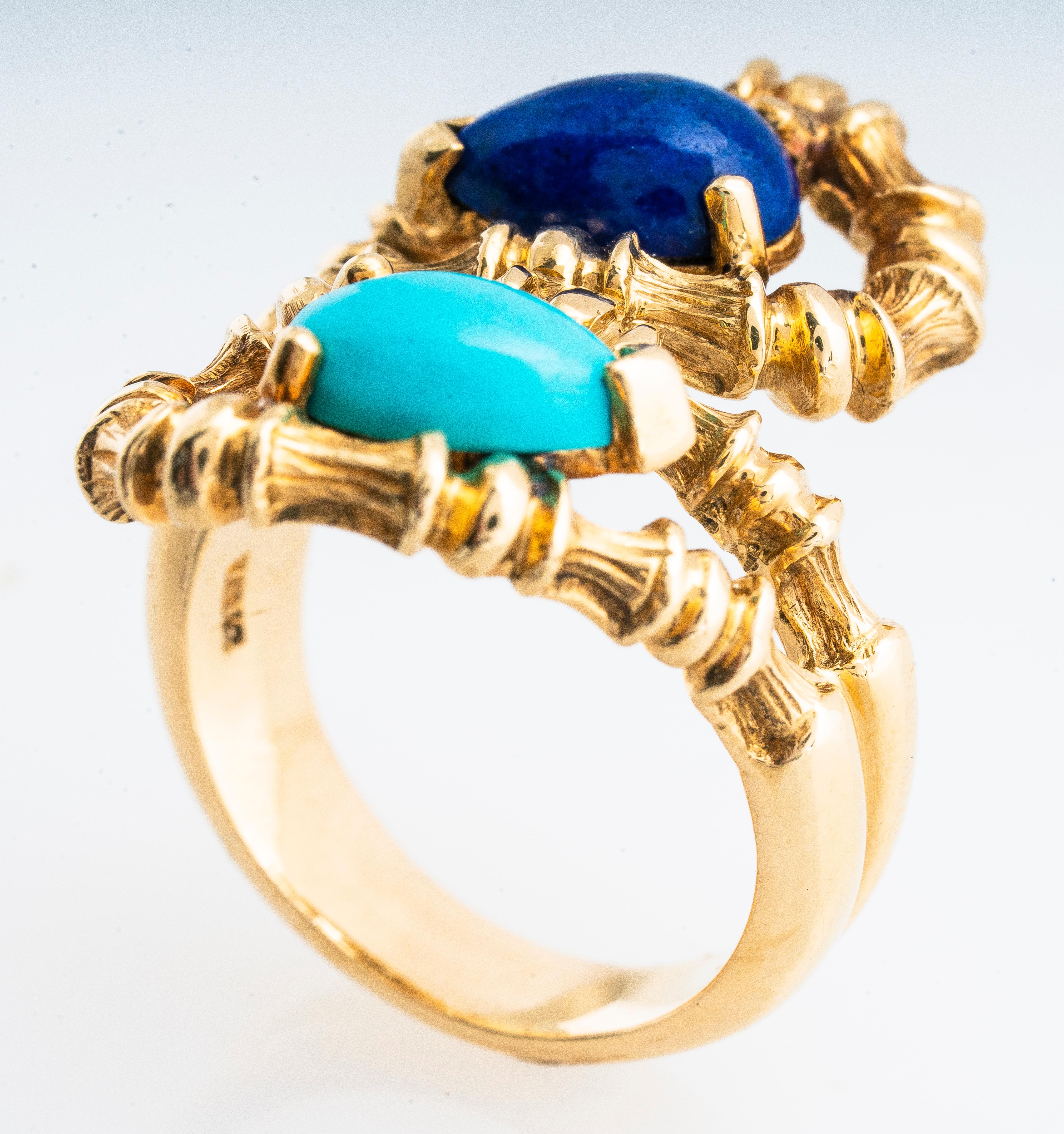 Vintage Tiffany & Co 18ky lapis lazuli and turquoise pear shaped bypass bamboo retro ring.  Ring is a size 6.   Stamped 