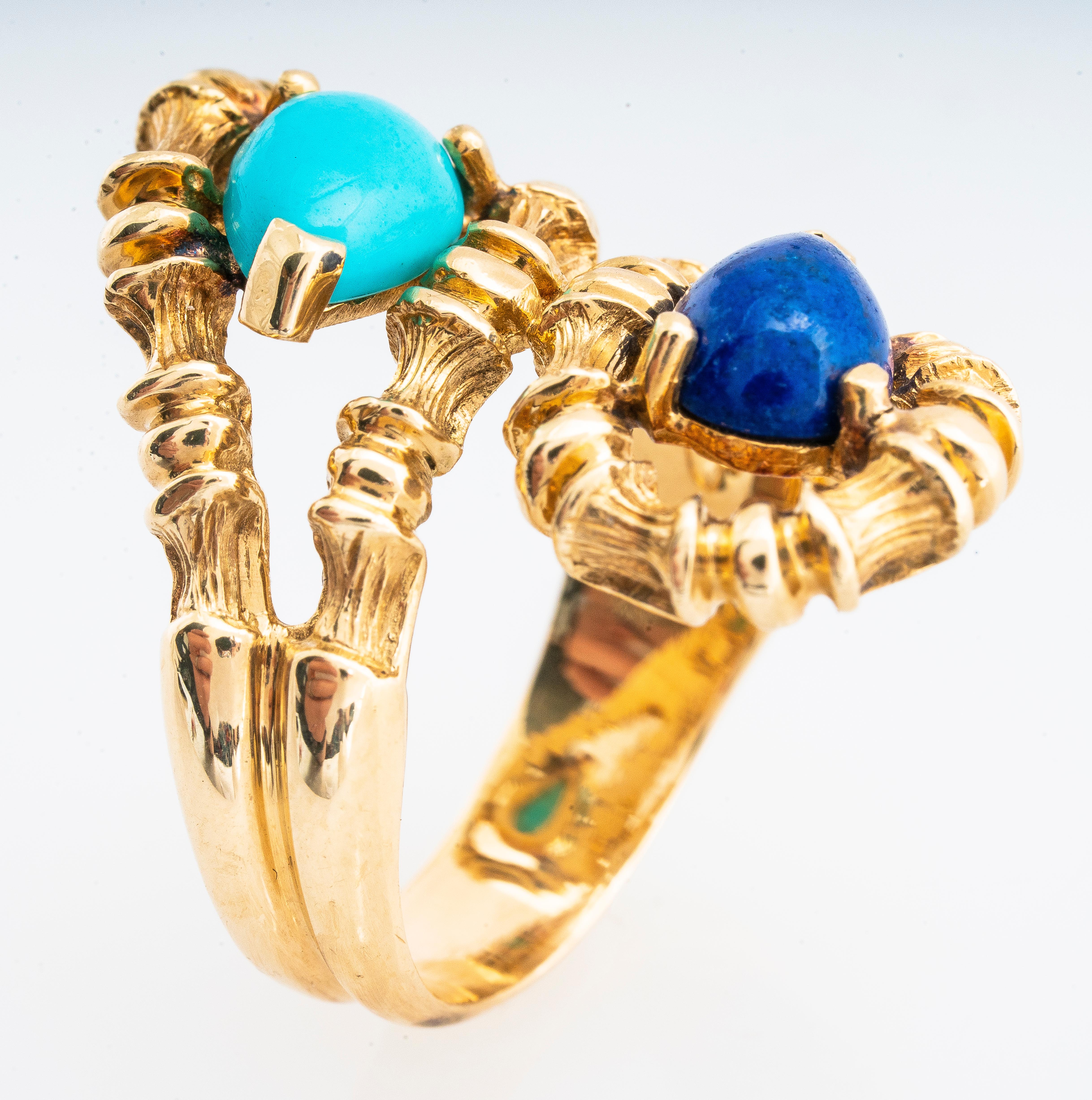 Tiffany & Co. 18 Karat Yellow Gold Lapis and Turquoise Bamboo Ring In Good Condition In San Diego, CA