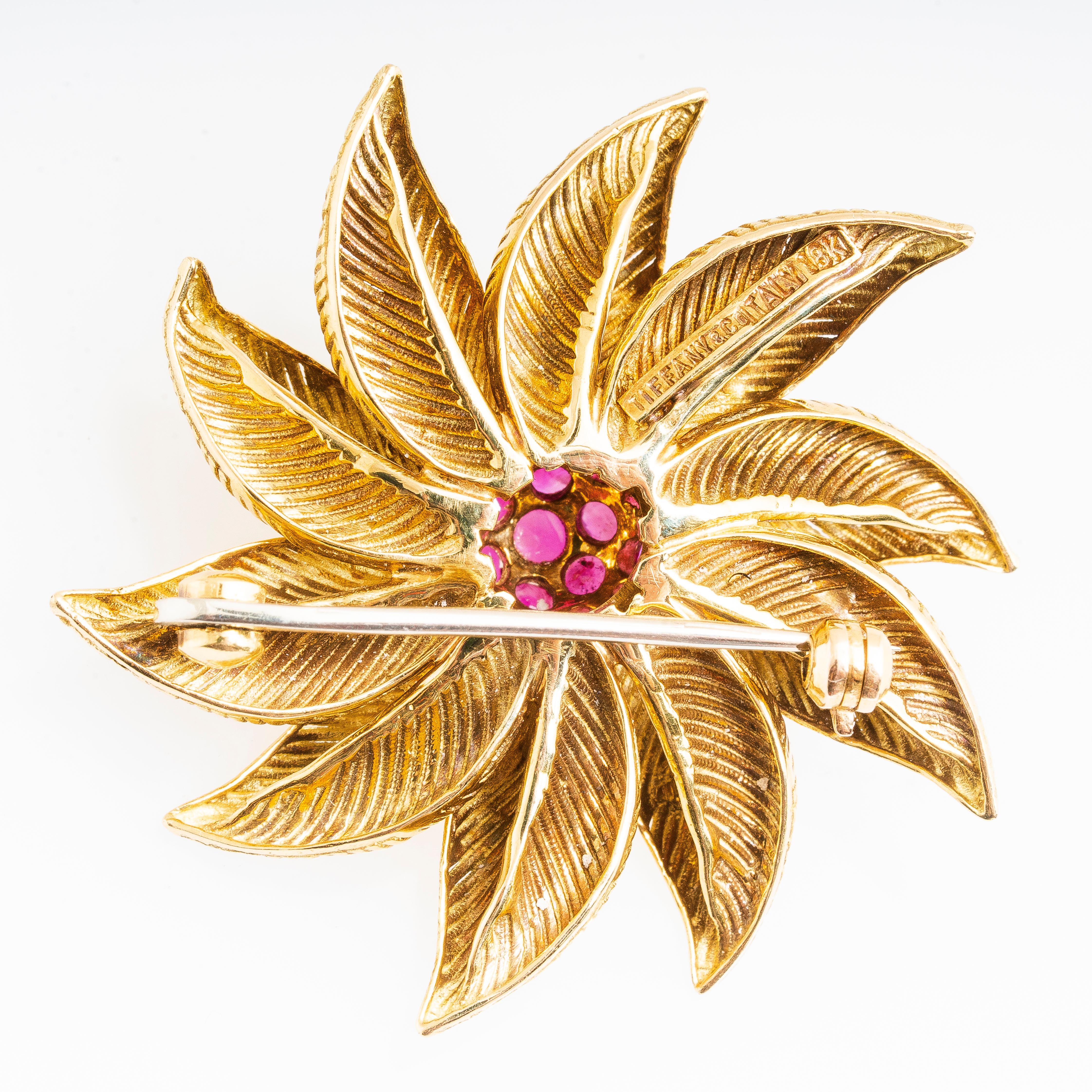 Round Cut Tiffany & Co. 18 Karat Retro Ruby Sunburst Floral Brooch
