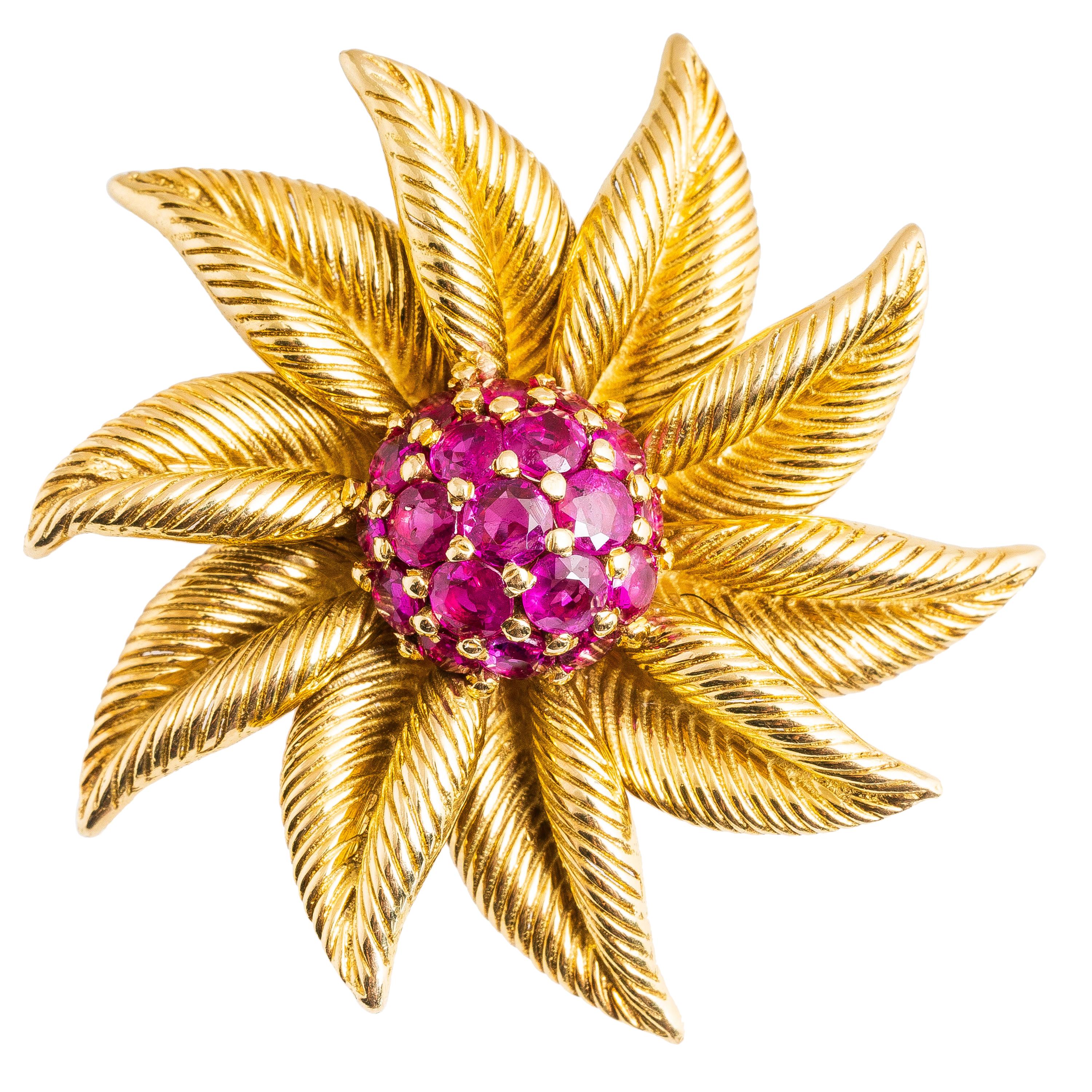 Tiffany & Co. 18 Karat Retro Ruby Sunburst Floral Brooch