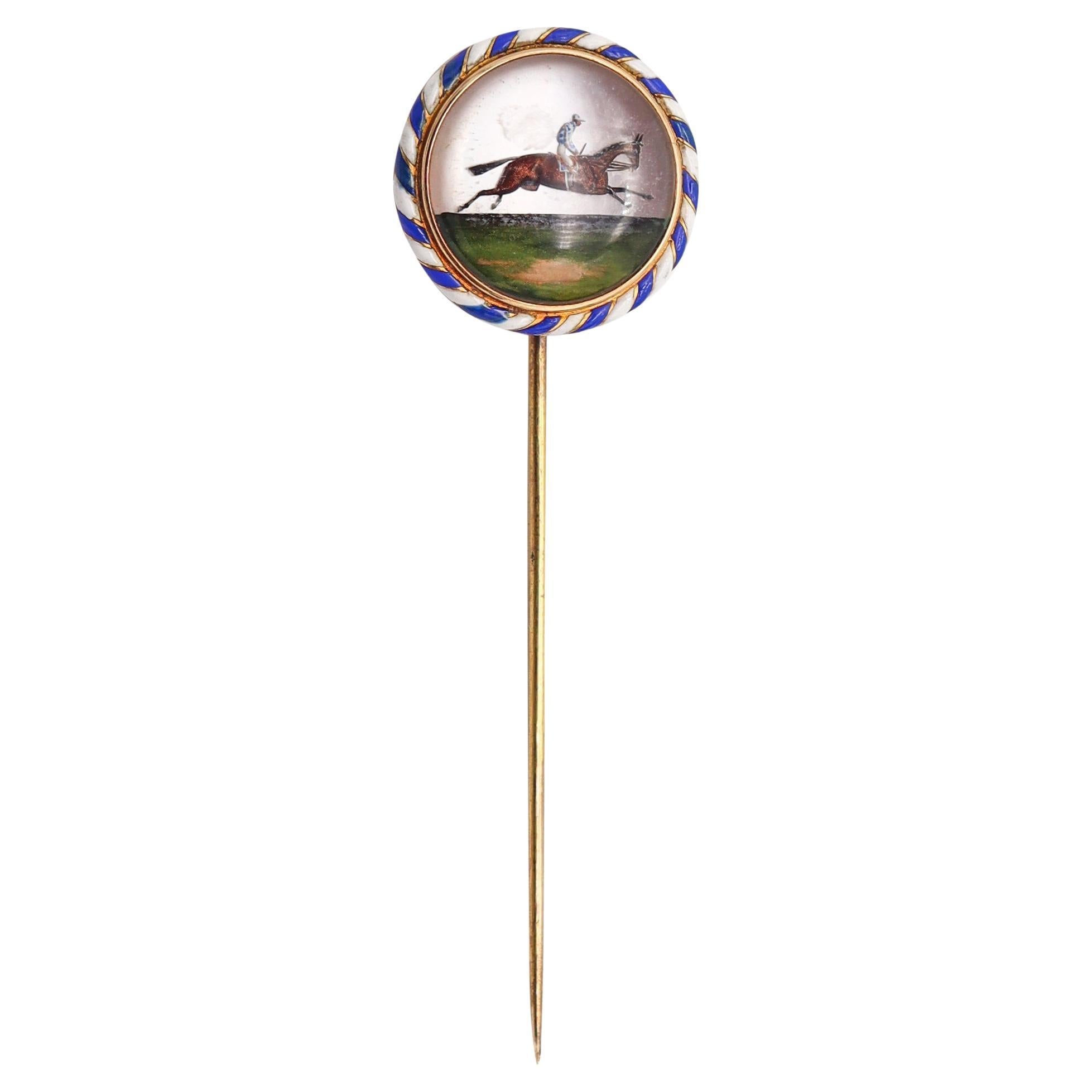 TIFFANY & CO. 1900 Edwardian Essex Glass Enameled Equestrian Pin In 18Kt Gold