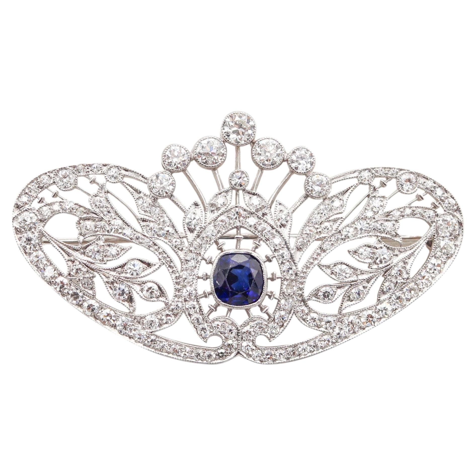 TIFFANY & CO 1910 Edwardian Brooch-Pendant Platinum 7.01 Cwt Diamonds & Sapphire