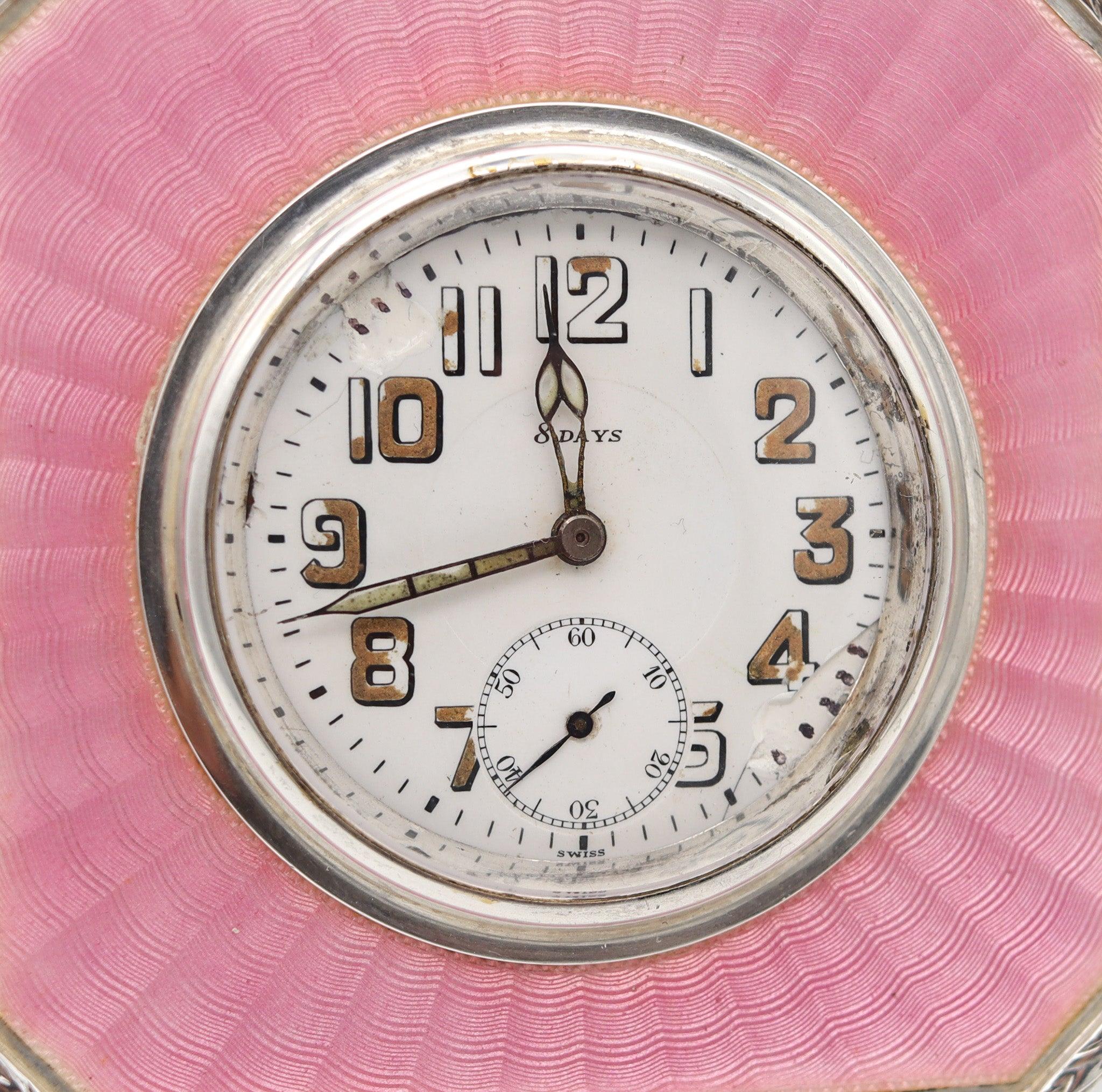 American TIFFANY & CO. 1910 Edwardian Enameled Guilloche 8 Days Desk Clock .925 Sterling