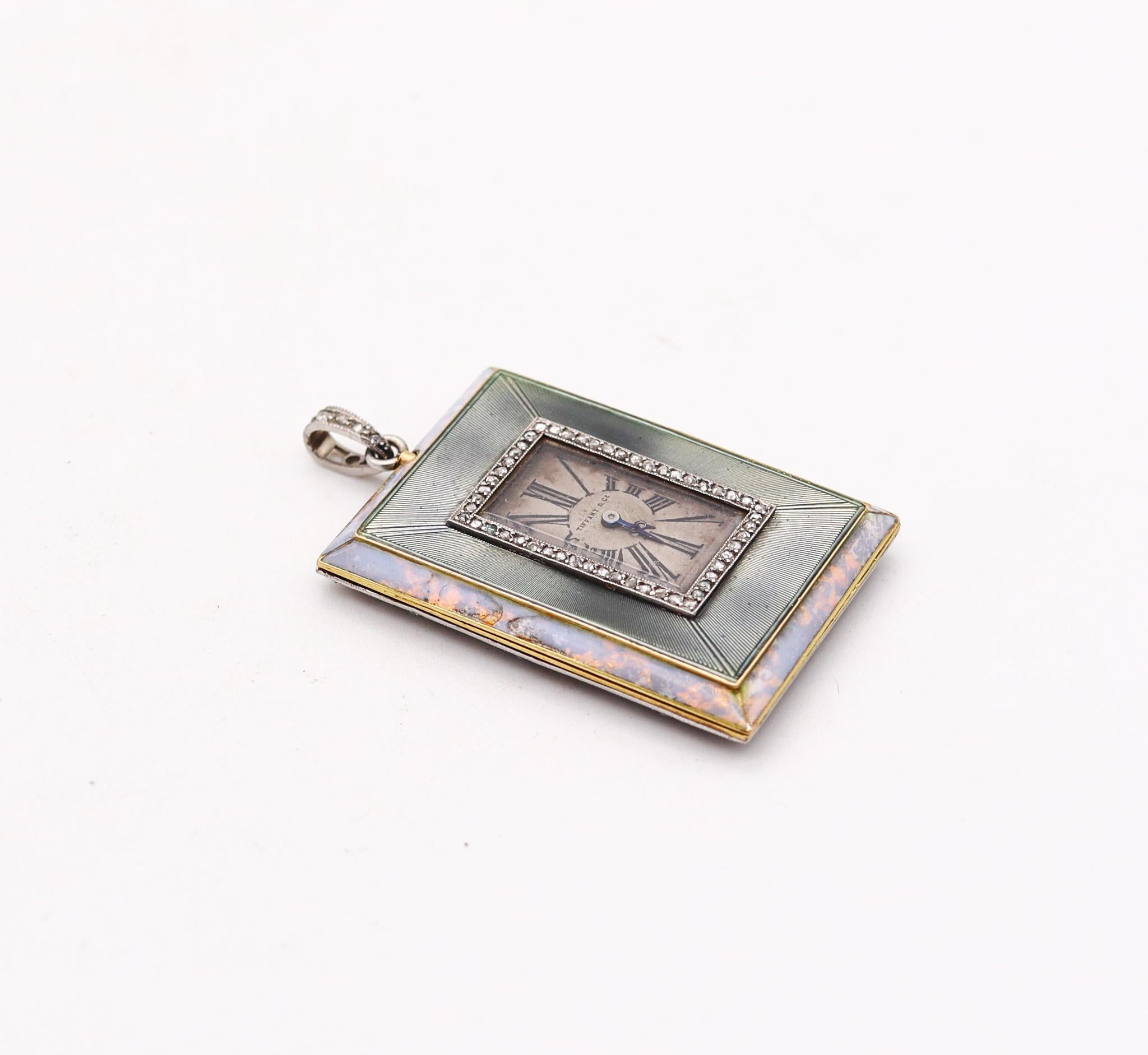 Edwardian Enamel Pendant Watch By Verger Freres For Tiffany & Co.

Very fine and rare pendant watch, created during the Edwardian period in Paris France by Verger Freres for Tiffany & Co., back in the 1910. Crafted with rectangular shape in solid