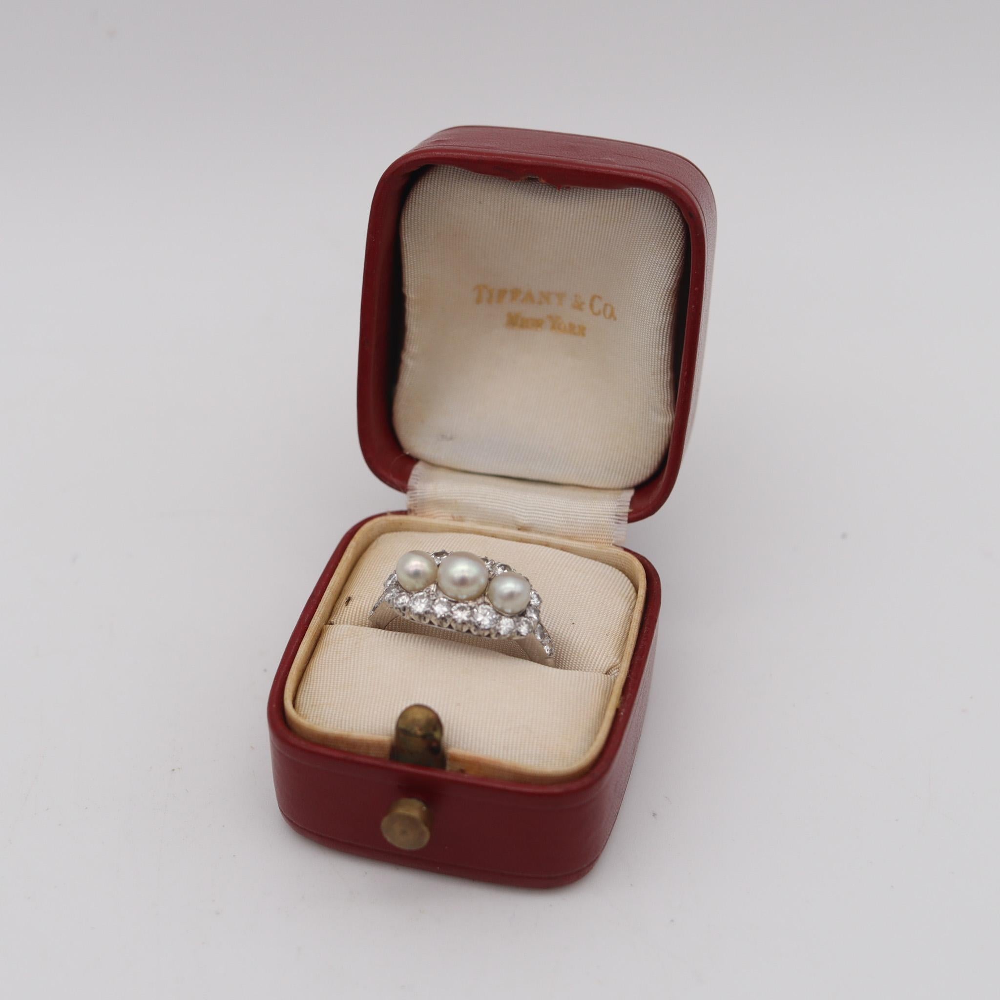 Old European Cut Tiffany & Co. 1910 Edwardian Ring In Platinum With 1.10 Ctw In Diamonds & Pearls For Sale