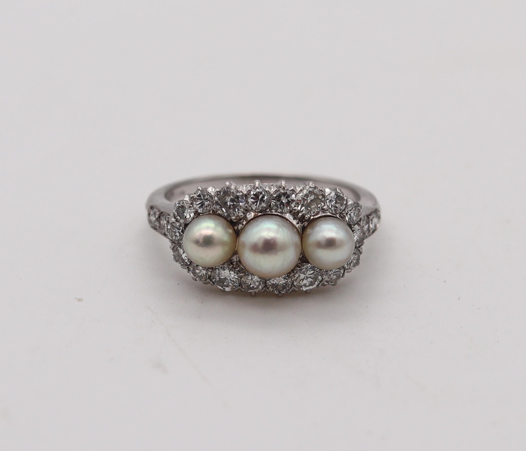 Tiffany & Co. 1910 Edwardian Ring In Platinum With 1.10 Ctw In Diamonds & Pearls In Excellent Condition For Sale In Miami, FL
