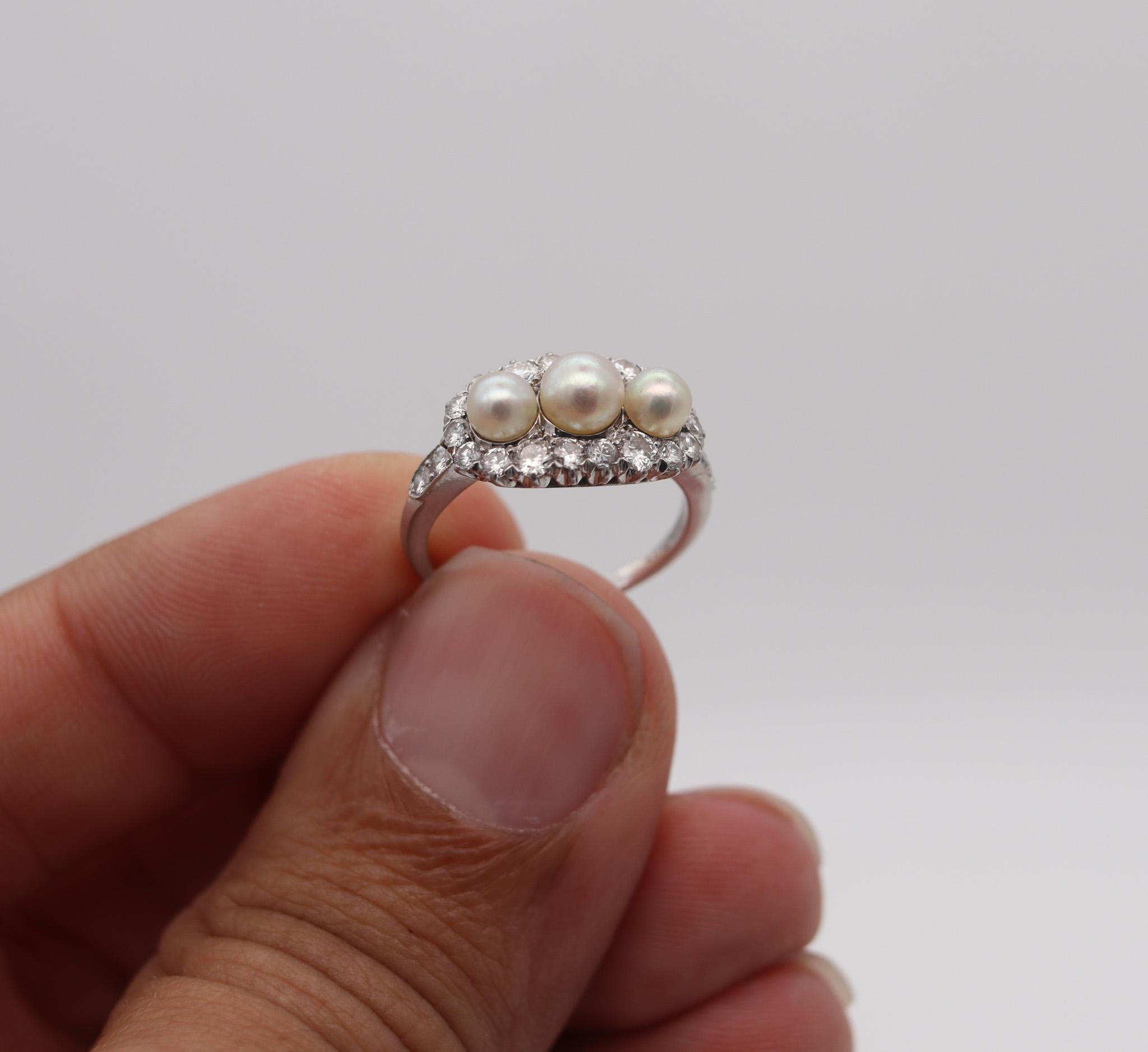 Tiffany & Co. 1910 Edwardian Ring In Platinum With 1.10 Ctw In Diamonds & Pearls In Excellent Condition In Miami, FL