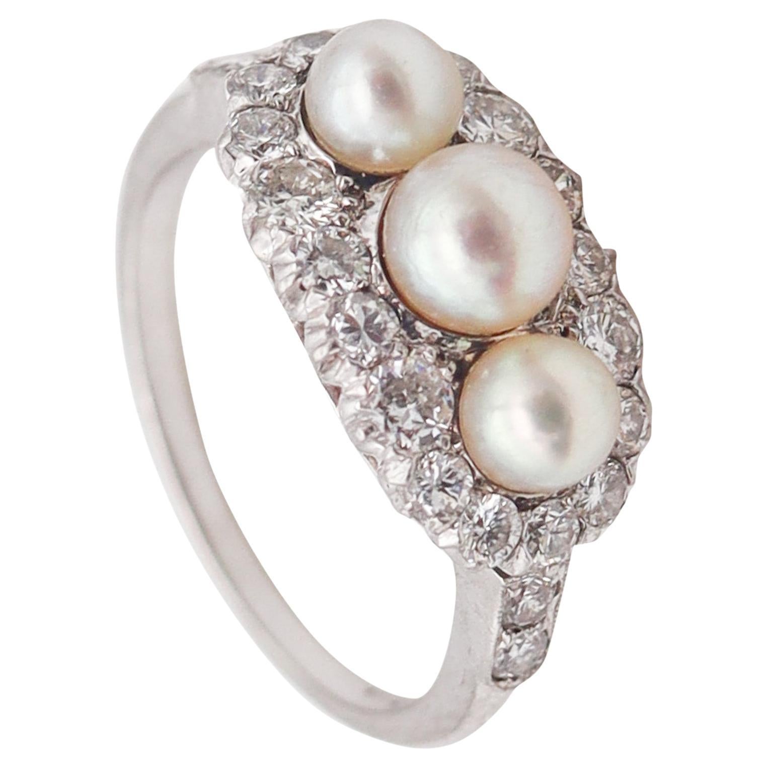 Tiffany & Co. 1910 Edwardian Ring In Platinum With 1.10 Ctw In Diamonds & Pearls For Sale