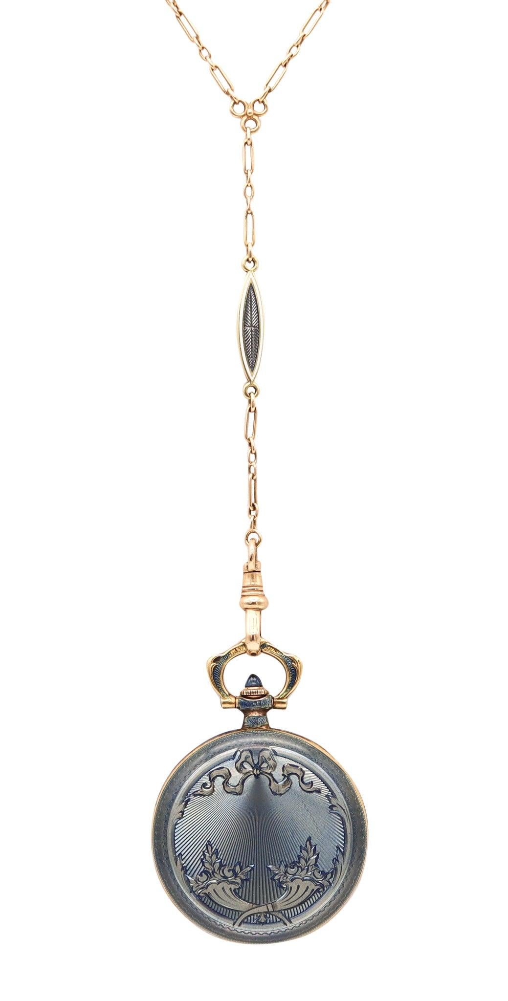 Edoardiano TIFFANY & CO. 1915 Collana con orologio edoardiano smaltato Guilloche in oro 18Kt in vendita
