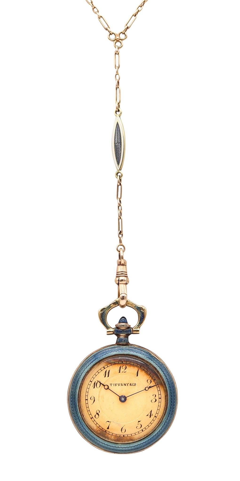 Donna TIFFANY & CO. 1915 Collana con orologio edoardiano smaltato Guilloche in oro 18Kt in vendita