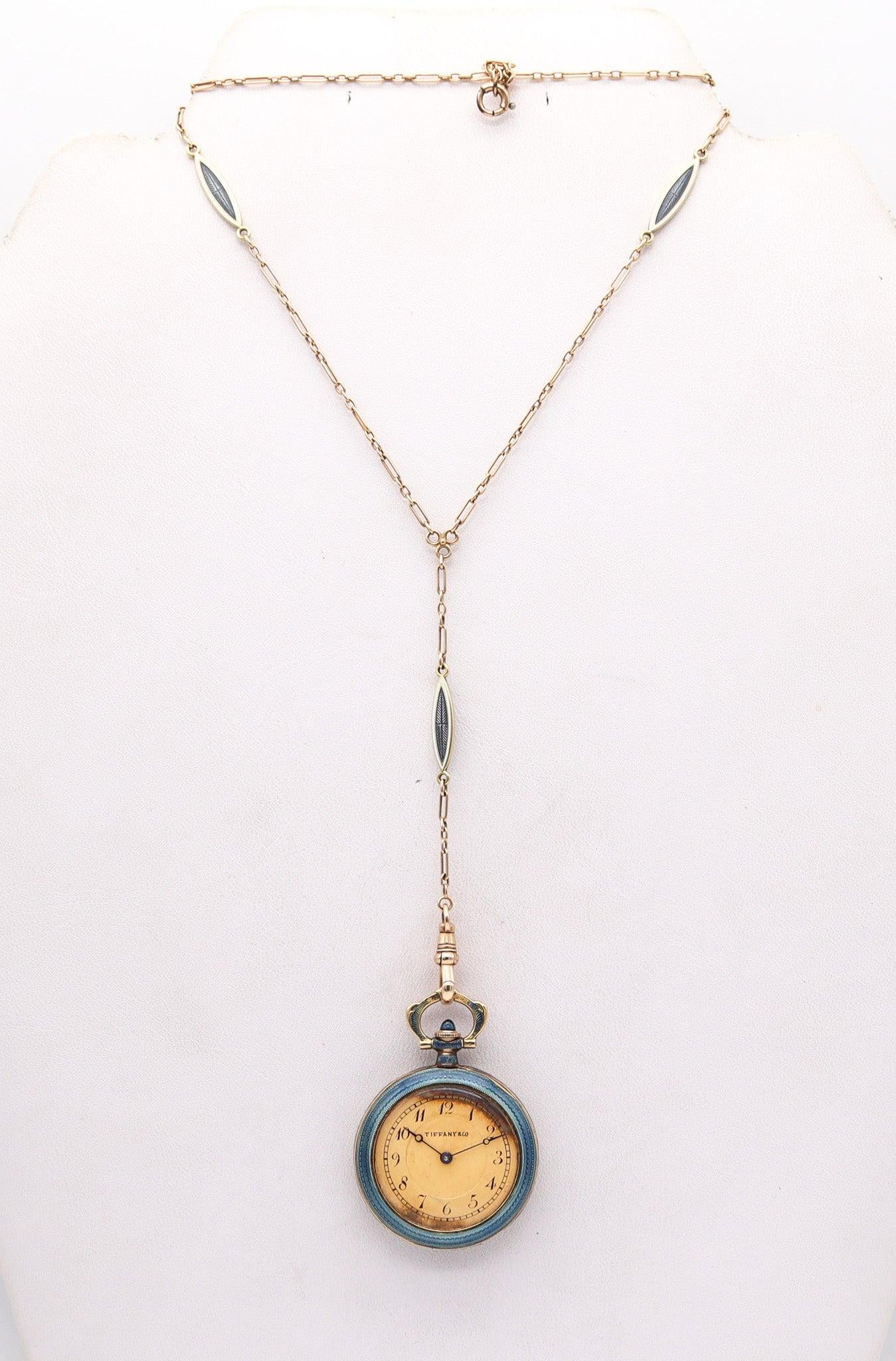 TIFFANY & CO. 1915 Collana con orologio edoardiano smaltato Guilloche in oro 18Kt in vendita 1