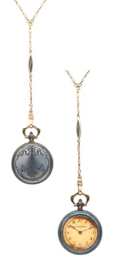 TIFFANY & CO. 1915 Collier de montre édouardien guilloché émaillé en or 18 carats