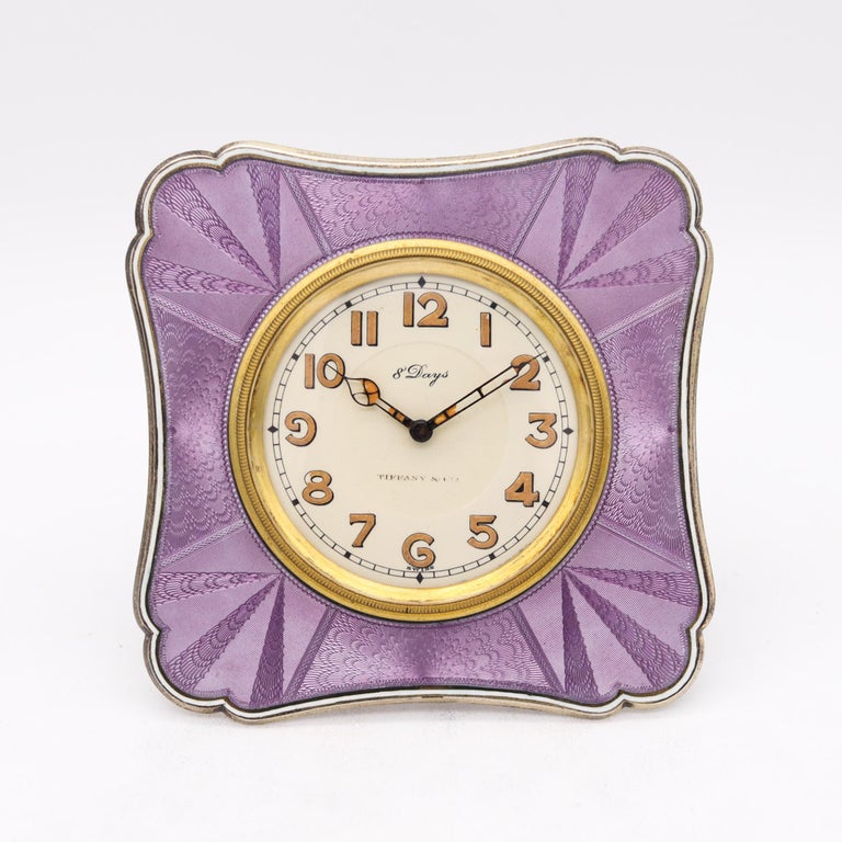 Tiffany and Co. 1920 Art Deco 8 Days Desk Clock Sterling Silver and Enamel  with Box For Sale at 1stDibs