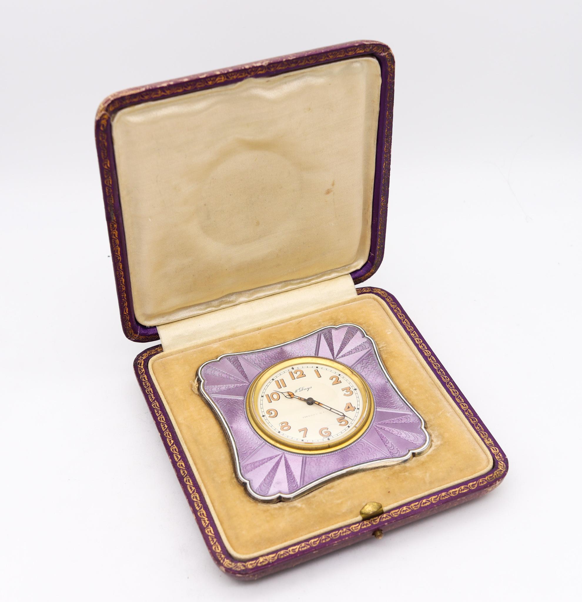 Tiffany & Co. 1920 Art Deco 8 Days Desk Clock Sterling Silver & Enamel With Box  en vente 3