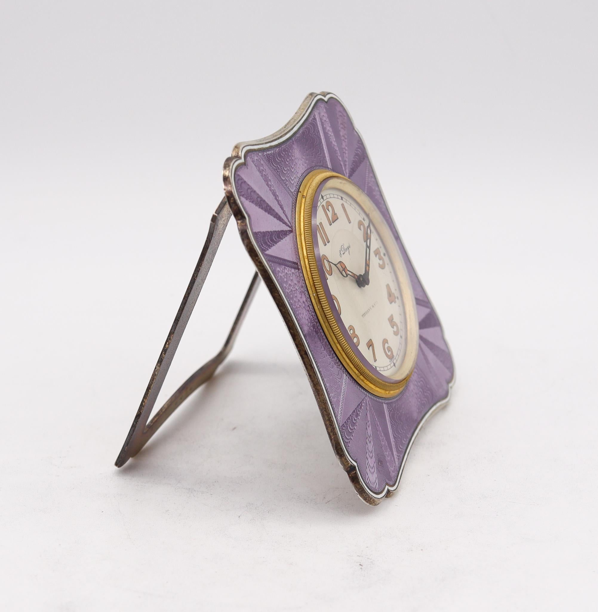 Tiffany & Co. 1920 Art Deco 8 Days Desk Clock Sterling Silver & Enamel with Box  For Sale 1