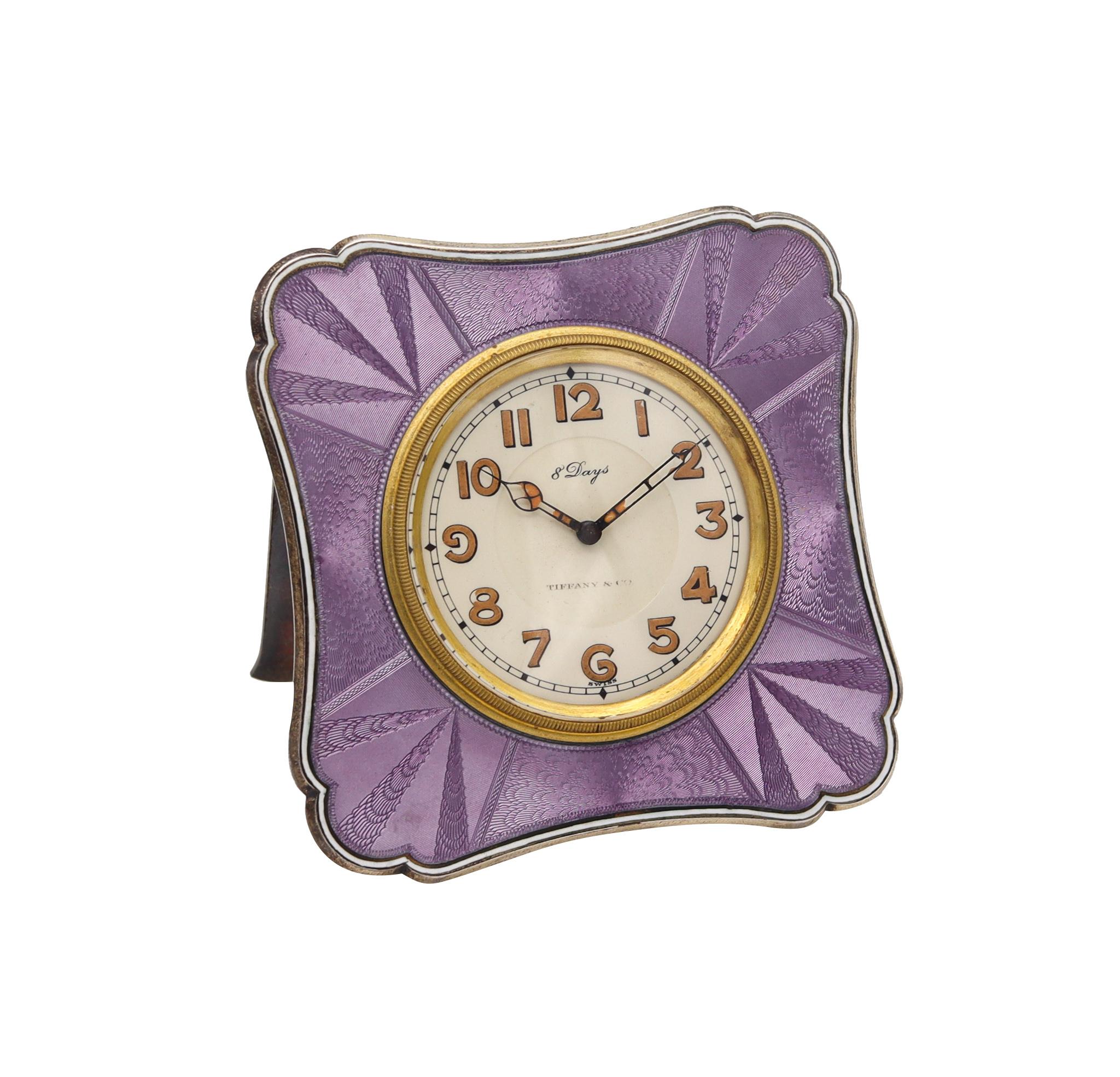 Argent sterling Tiffany & Co. 1920 Art Deco 8 Days Desk Clock Sterling Silver & Enamel With Box  en vente