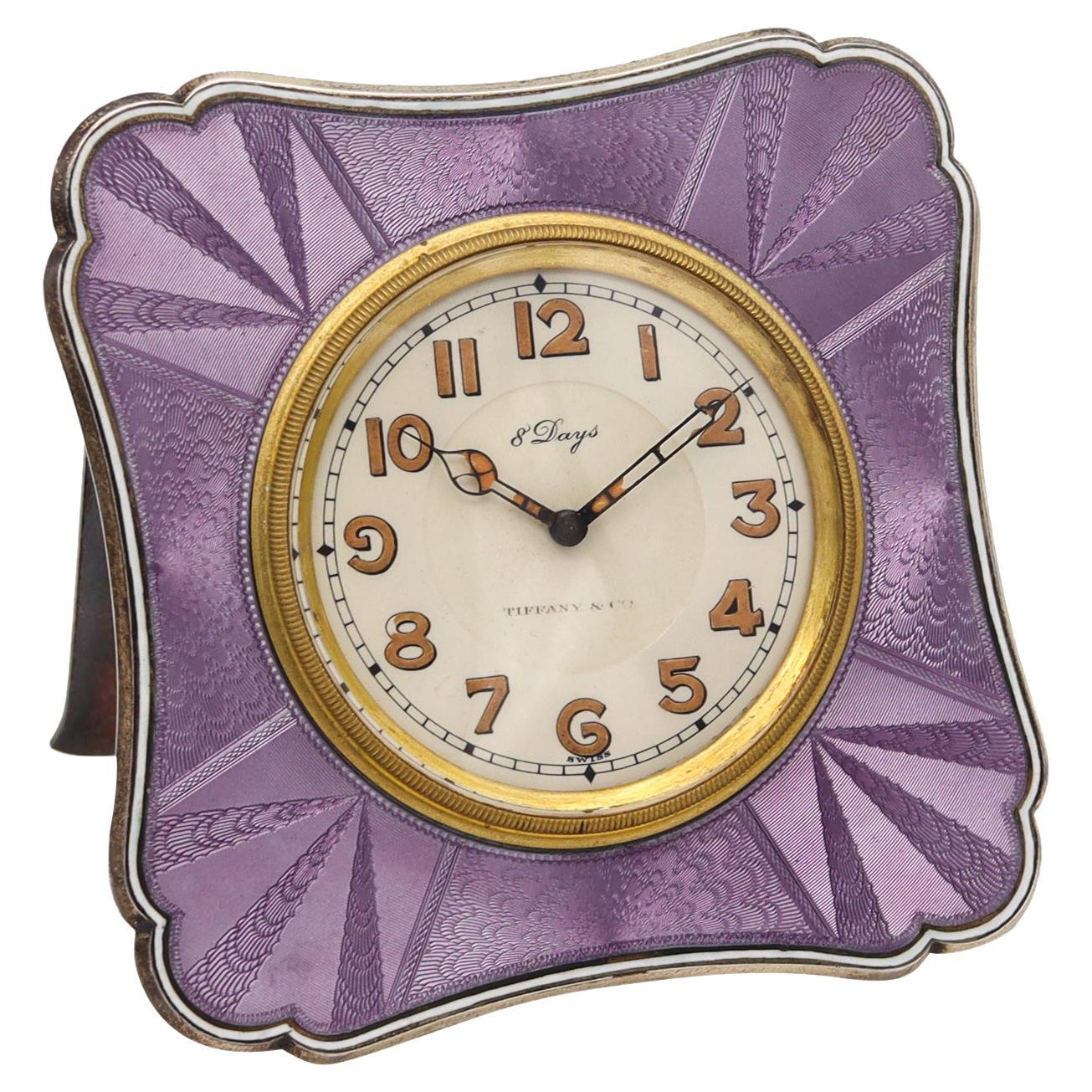 Tiffany & Co. 1920 Art Deco 8 Days Desk Clock Sterling Silver & Enamel With Box  en vente