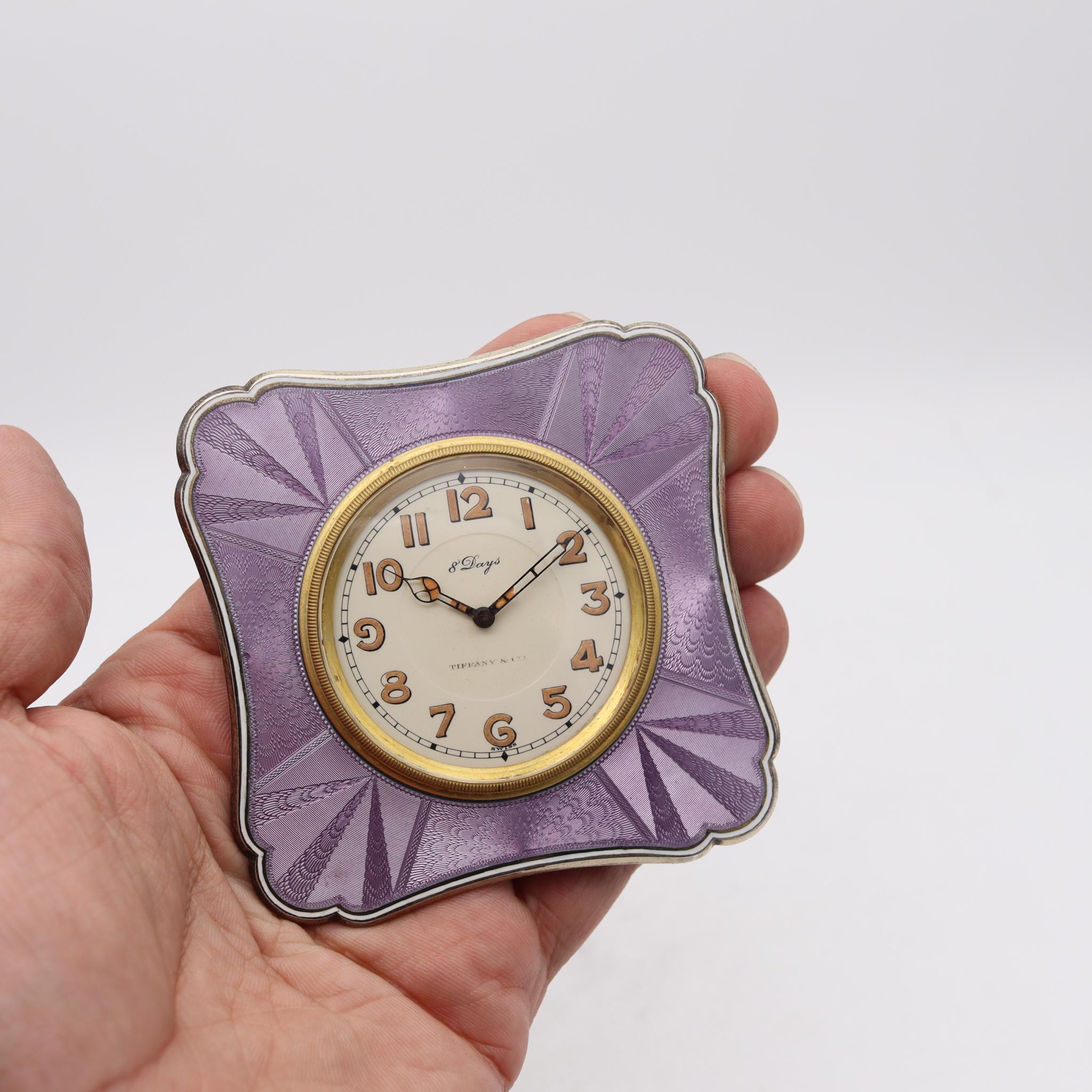 Tiffany & Co 1920 Art Deco 8 Days Desk Clock Sterling Silver & Guilloche Enamel  For Sale 3