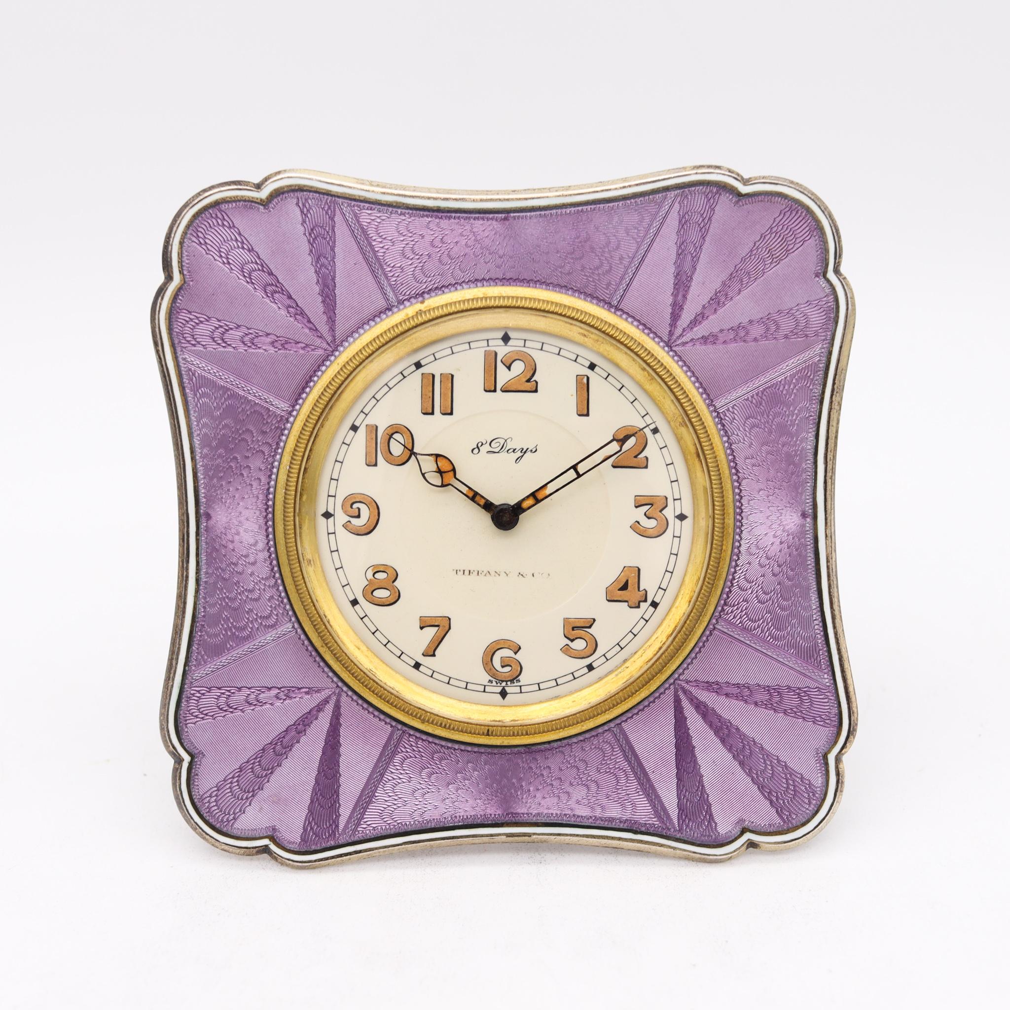Art déco Tiffany & Co 1920 Art Deco 8 Days Desk Clock Sterling Silver & Guilloche Enamel  en vente