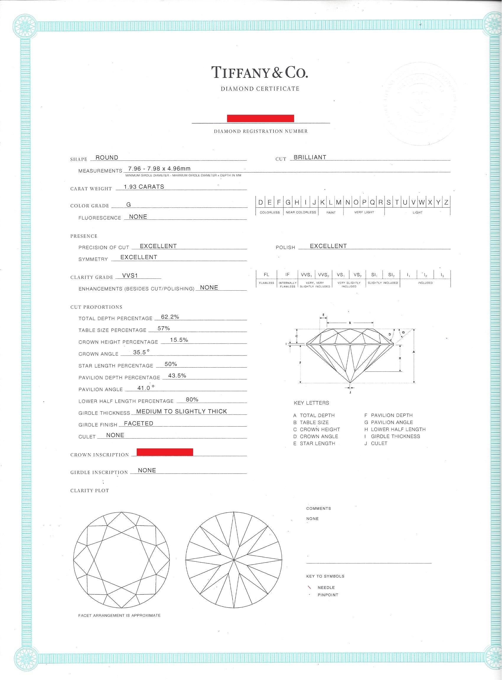Tiffany & Co. 1.93 Carat G VVS1 Diamond Platinum Ring For Sale 3
