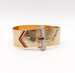 Tiffany & Co. 1935 Belt Buckle Bracelet 14Kt Gold Platinum And 2.37 Ctw Gemstone