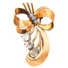 TIFFANY & CO. 1935 Retro Modernist Brooch In 14Kt Gold Sapphires & Aquamarine