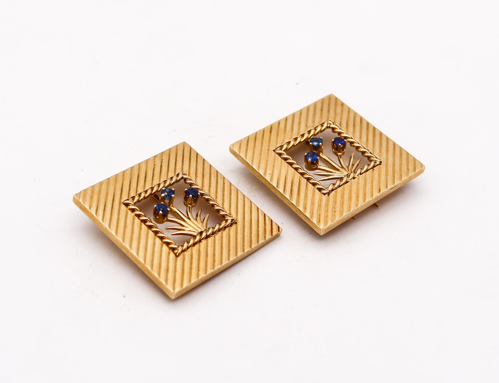 Pair of deco clips designed by Tiffany & Co. 

A beautiful pair of squared dress clips, created in New York city at the Tiffany Studios during the late art deco period, circa 1938. These dress clips has been carefully crafted with retro and