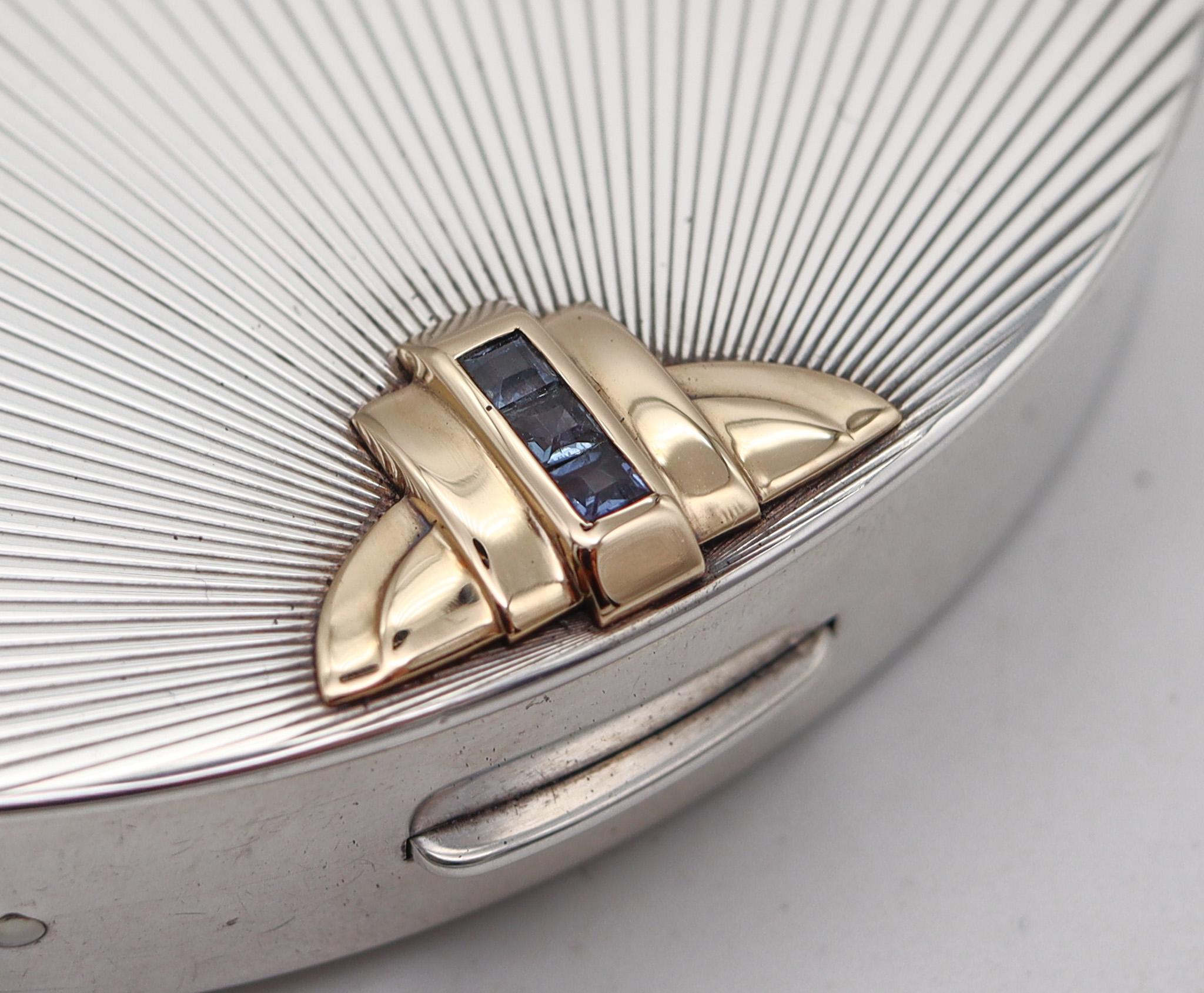 French Cut Tiffany & Co. 1938 Art Deco Oval pill Box 925 Sterling And 14Kt Gold & Sapphires