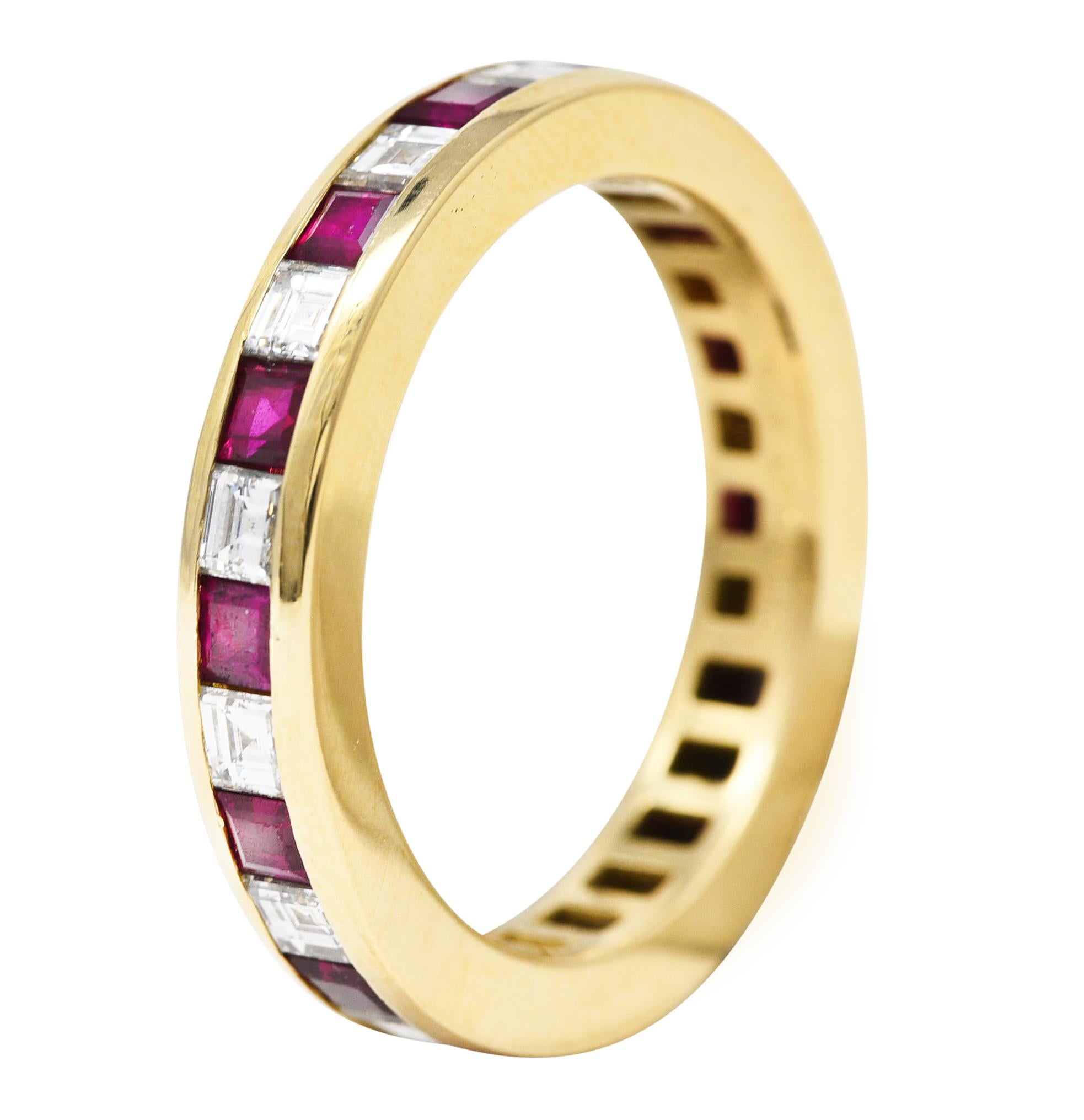 Featuring square step cut diamonds alternating with square step cut rubies - channel set fully around. Diamonds weigh approximately 0.84 carat total - G/H color with VS clarity. Rubies weigh approximately 1.10 carats total - transparent medium red