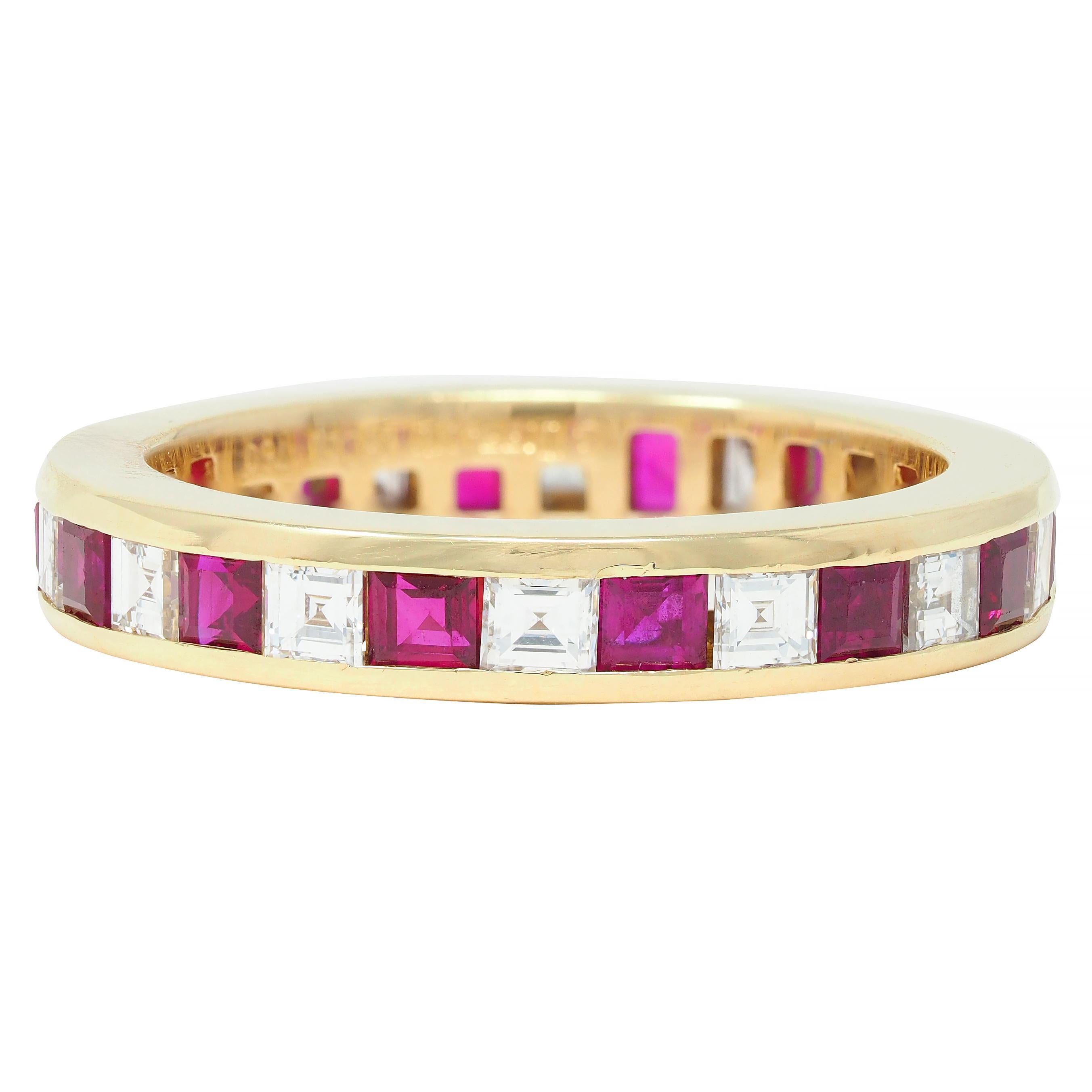 Tiffany & Co. 1.94 CTW Step Cut Diamond Ruby 18 Karat Yellow Gold Eternity Band In Excellent Condition For Sale In Philadelphia, PA