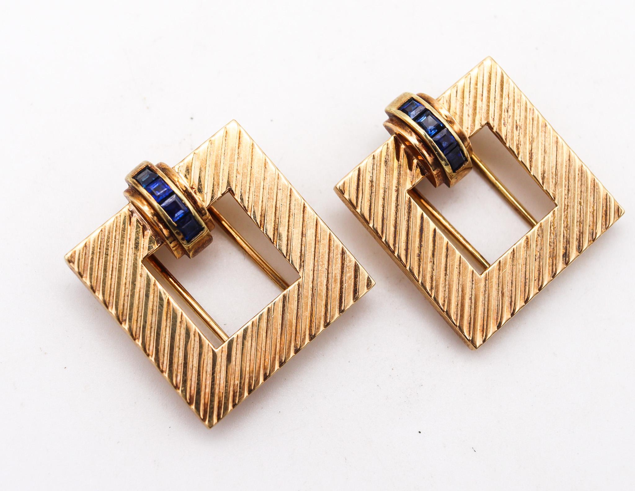 French Cut Tiffany & Co. 1940 Art Deco Square Dress Clips In 14Kt Yellow Gold With Sapphire For Sale