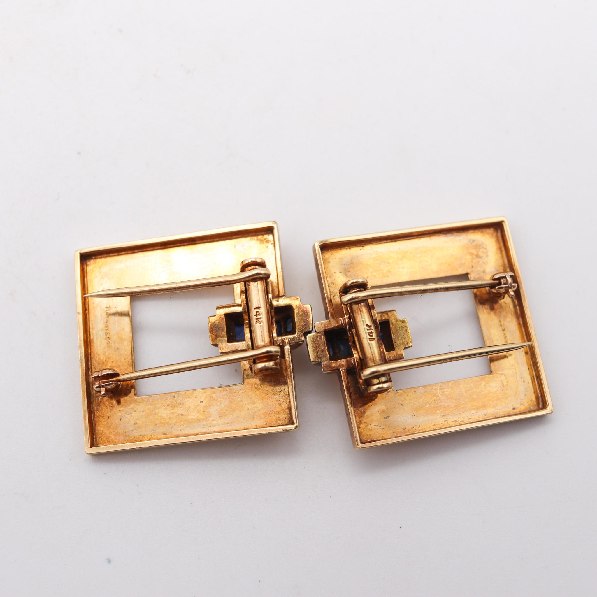 Women's Tiffany & Co. 1940 Art Deco Square Dress Clips In 14Kt Yellow Gold With Sapphire For Sale