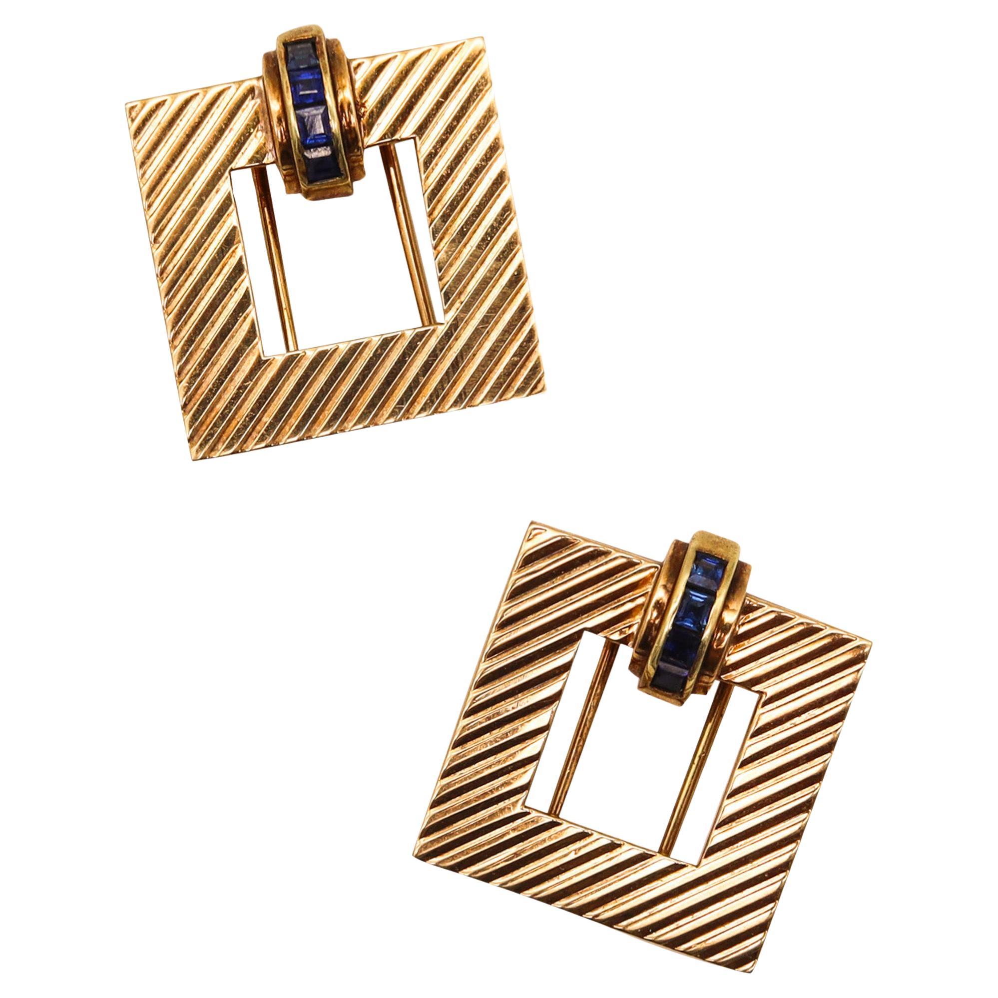 Tiffany & Co. 1940 Art Deco Square Dress Clips In 14Kt Yellow Gold With Sapphire For Sale