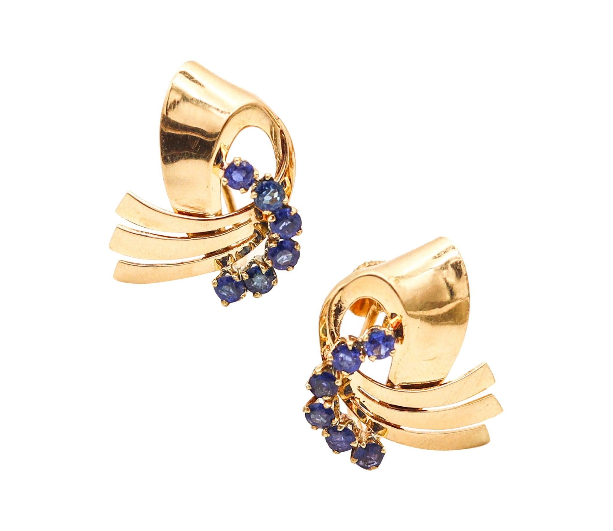 TIFFANY & CO. 1940 Retro Modern Clips Ohrringe aus 14Kt Gold mit blauen Saphiren