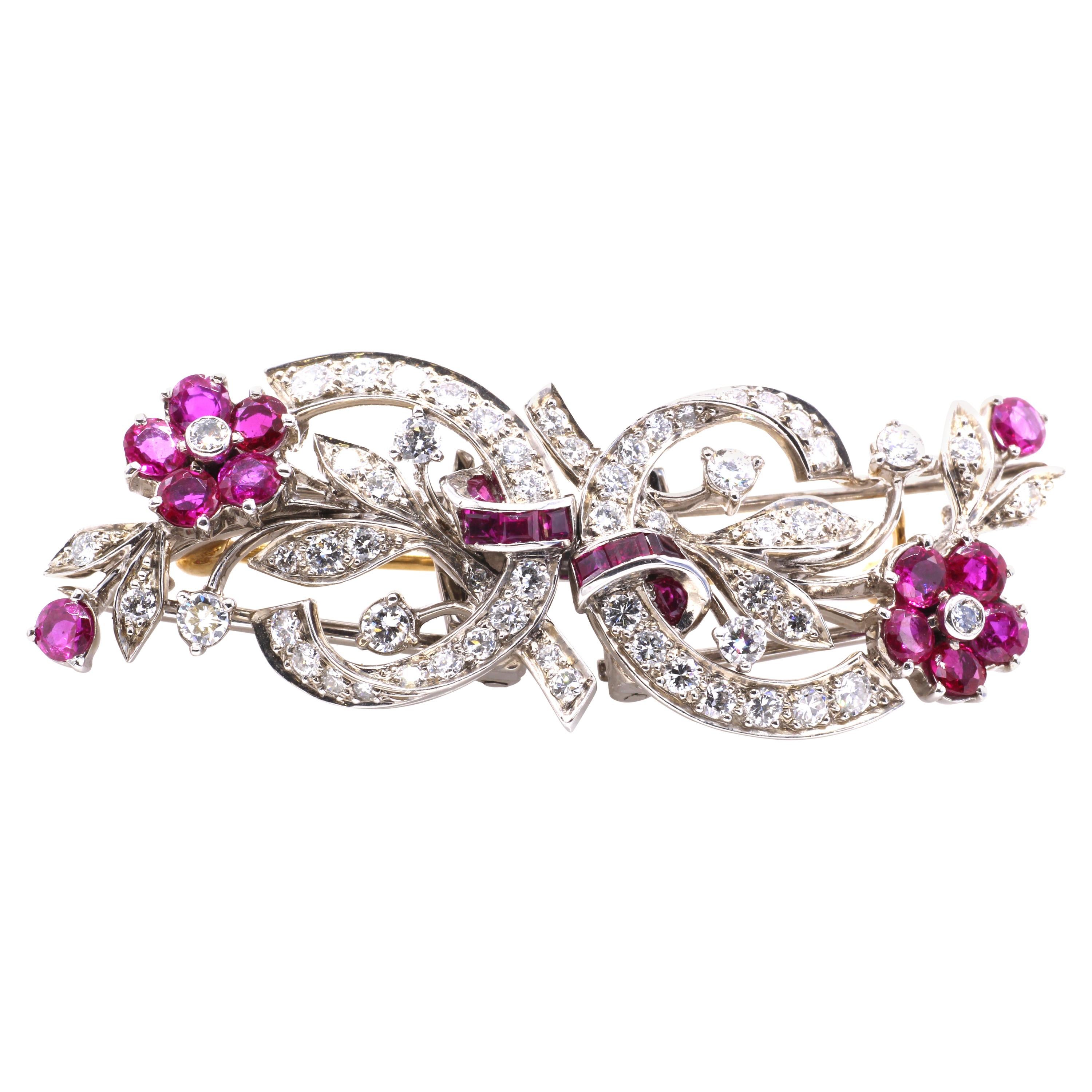 Tiffany & Co 1940s Diamond Ruby Palladium Double Clip Brooch