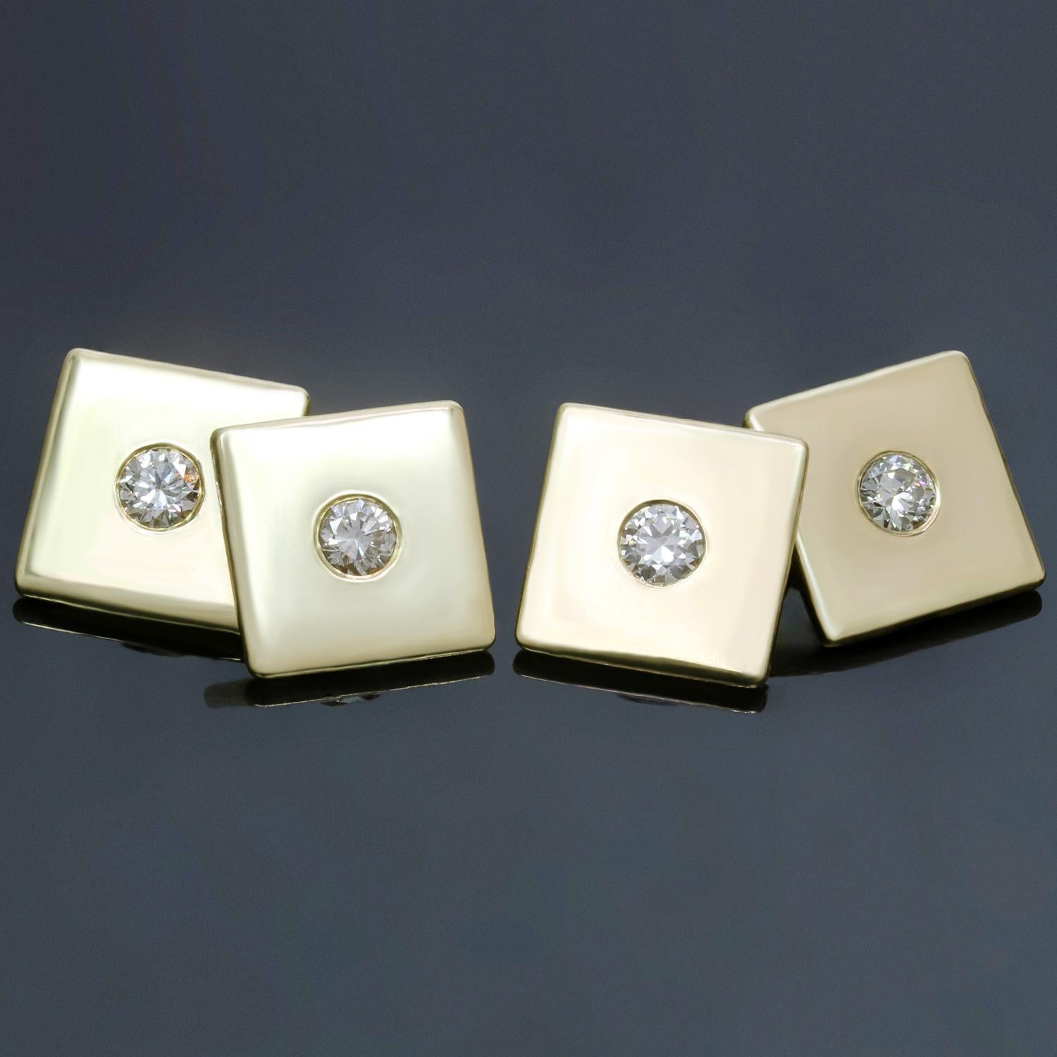 This classic vintage Tiffany & Co. square cufflinks are crafted in 14k yellow gold and set with sparkling round diamonds of an estimated 1.20 carats. Made in United States circa 1940s. Measurements: 0.51