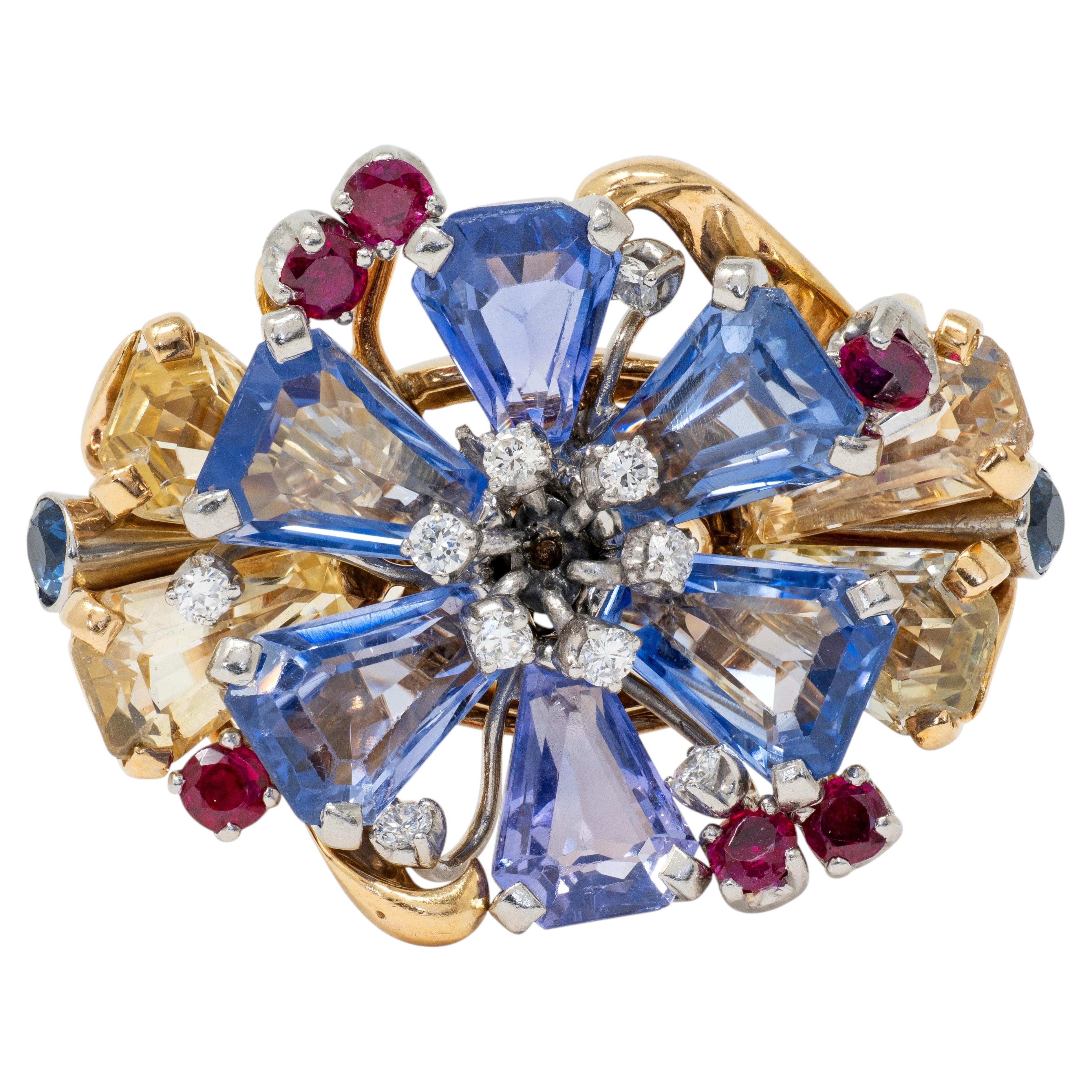 Tiffany & Co. 1940s Retro Sapphire Diamond 18K Gold Vintage Floral Cocktail Ring
