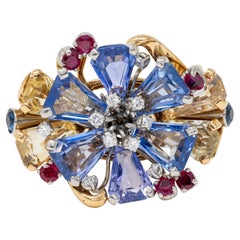 Tiffany & Co. 1940s Retro Sapphire Diamond 18K Gold Vintage Floral Cocktail Ring
