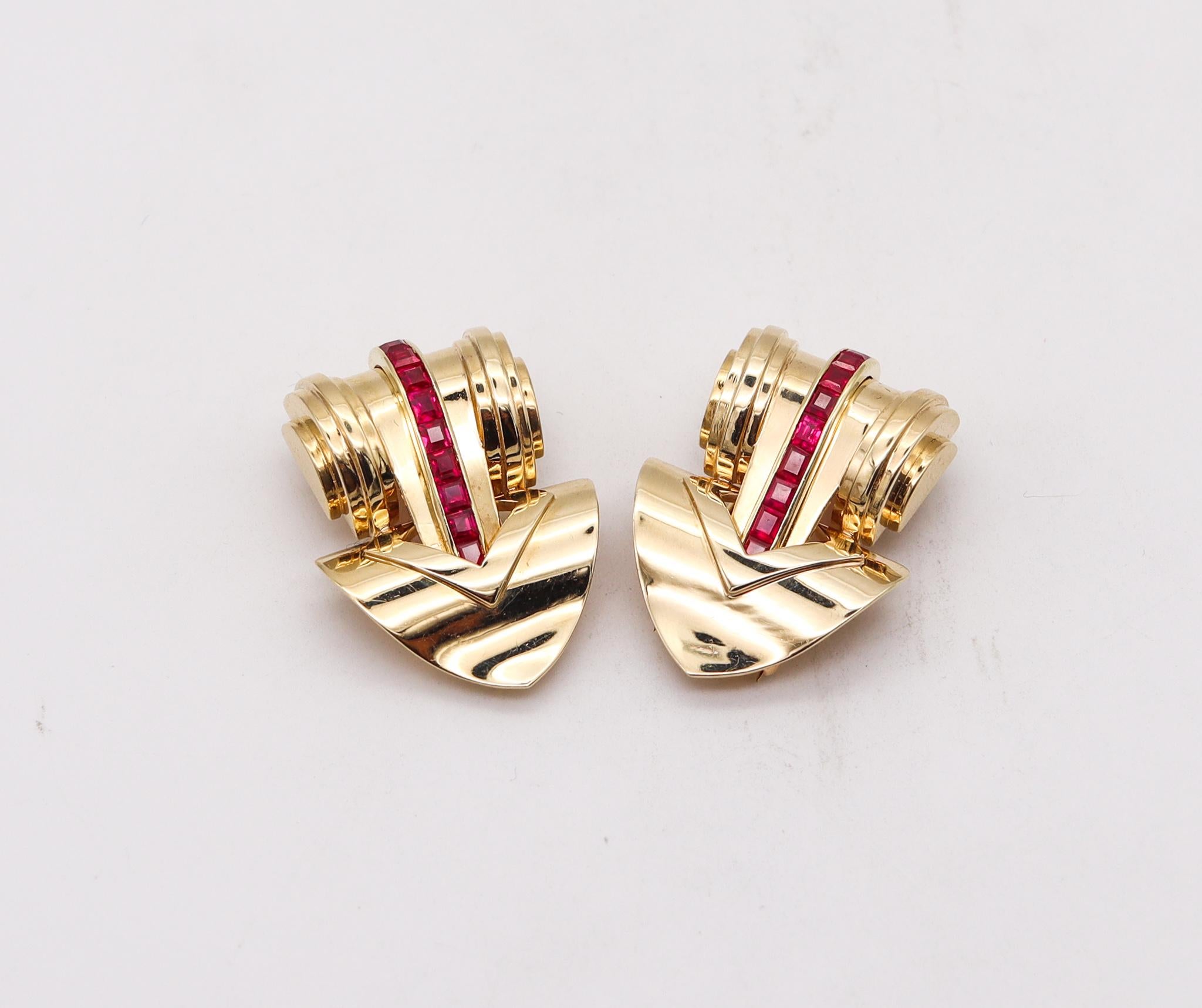 Women's Tiffany & Co. 1950 Art Deco Retro Dress Clips in 14Kt Gold with 2.70 Cts Rubies For Sale