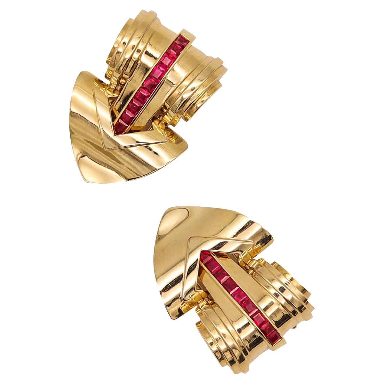 Tiffany & Co. 1950 Art Deco Retro Dress Clips in 14Kt Gold with 2.70 Cts Rubies For Sale