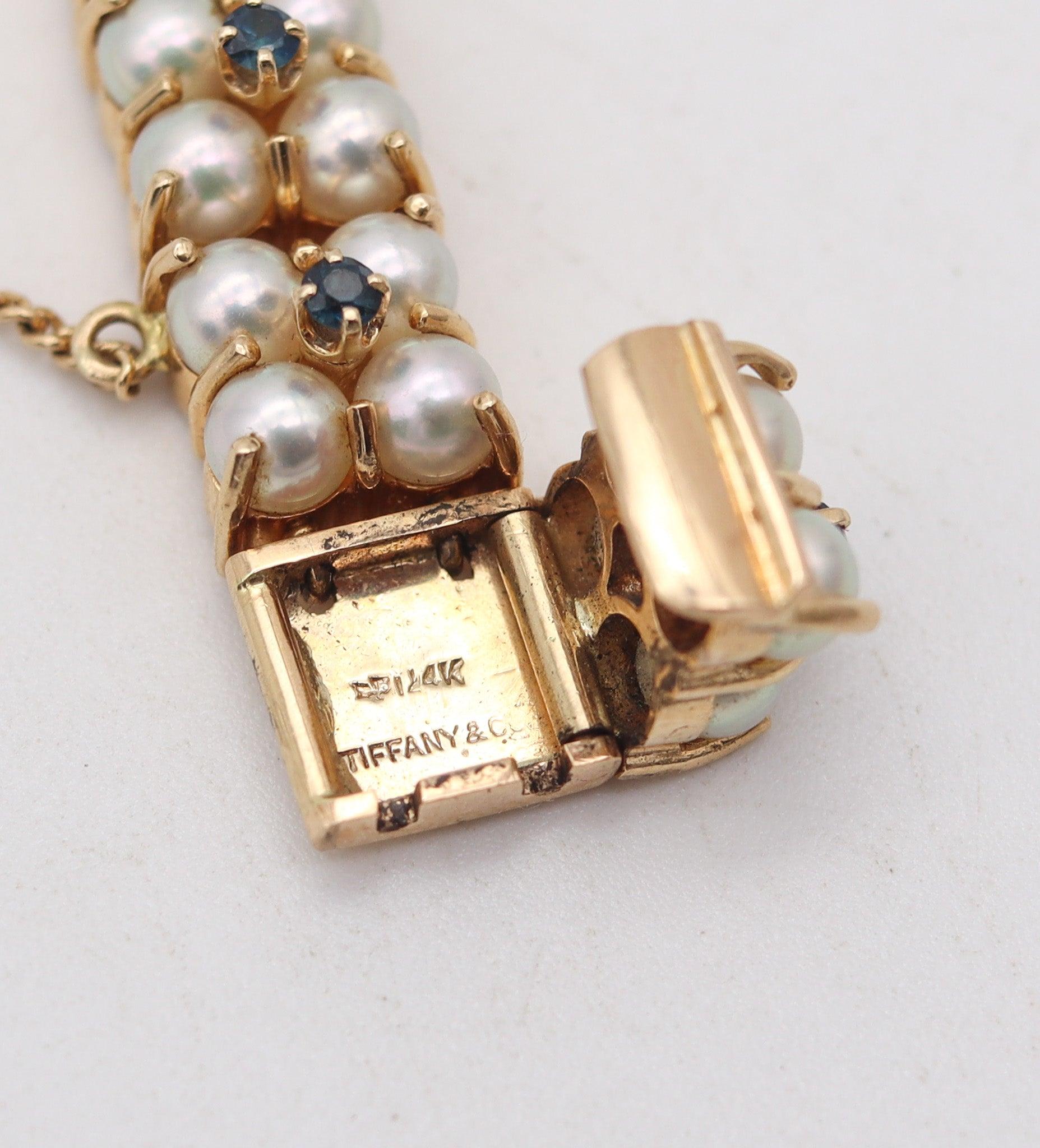 TIFFANY & CO. 1950 Classic Bracelet In 14Kt Gold With Sapphires And White Pearls In Excellent Condition For Sale In Miami, FL