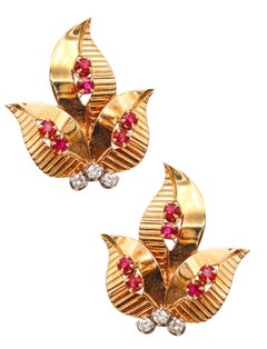 Tiffany & Co. 1950 Retro Modern Earrings in 14k Gold with Rubies and Diamonds