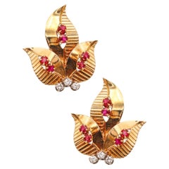 Tiffany & Co. 1950 Retro Modern Earrings in 14k Gold with Rubies and Diamonds