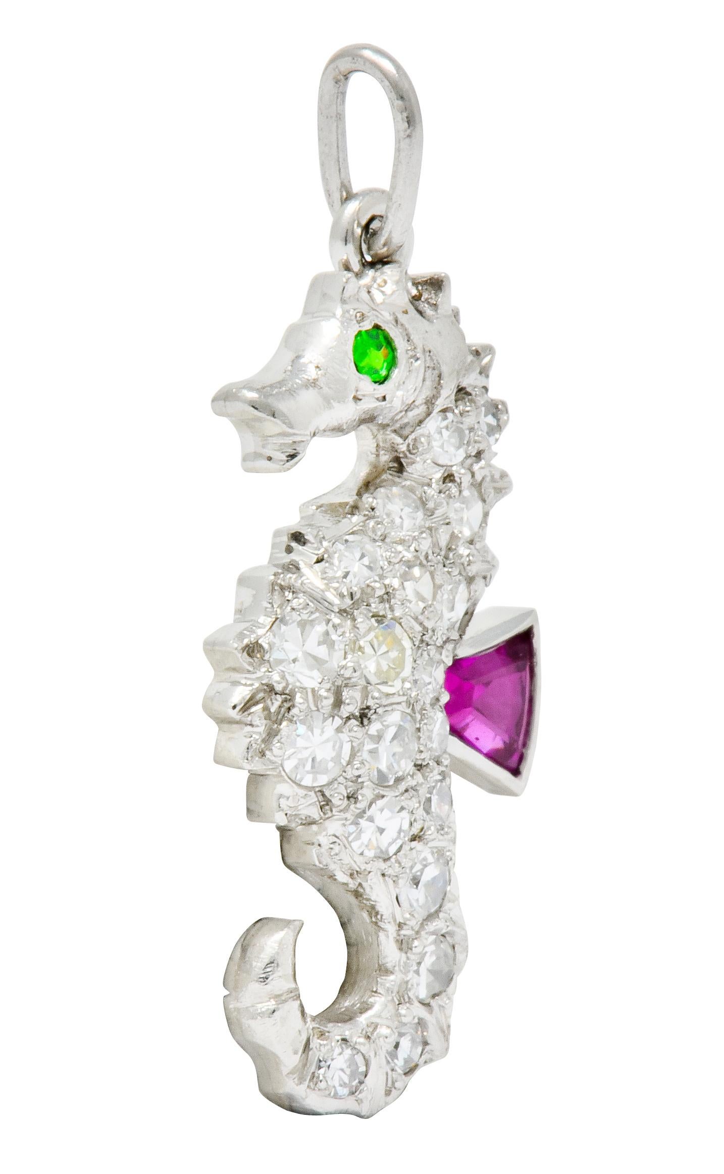 Art Deco Tiffany & Co. 1950s Diamond Demantoid Garnet Ruby Platinum Seahorse Charm