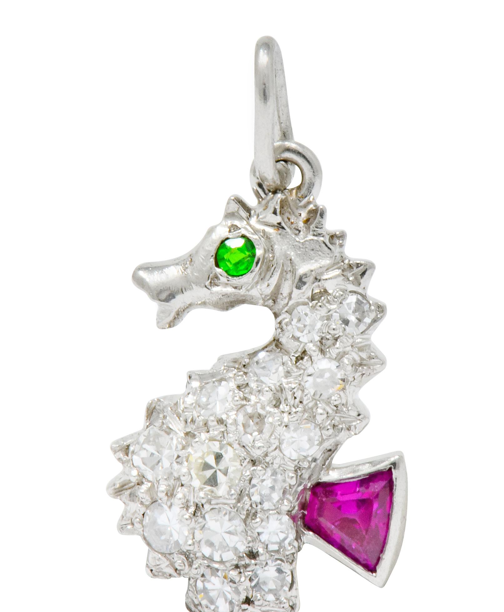 Round Cut Tiffany & Co. 1950s Diamond Demantoid Garnet Ruby Platinum Seahorse Charm