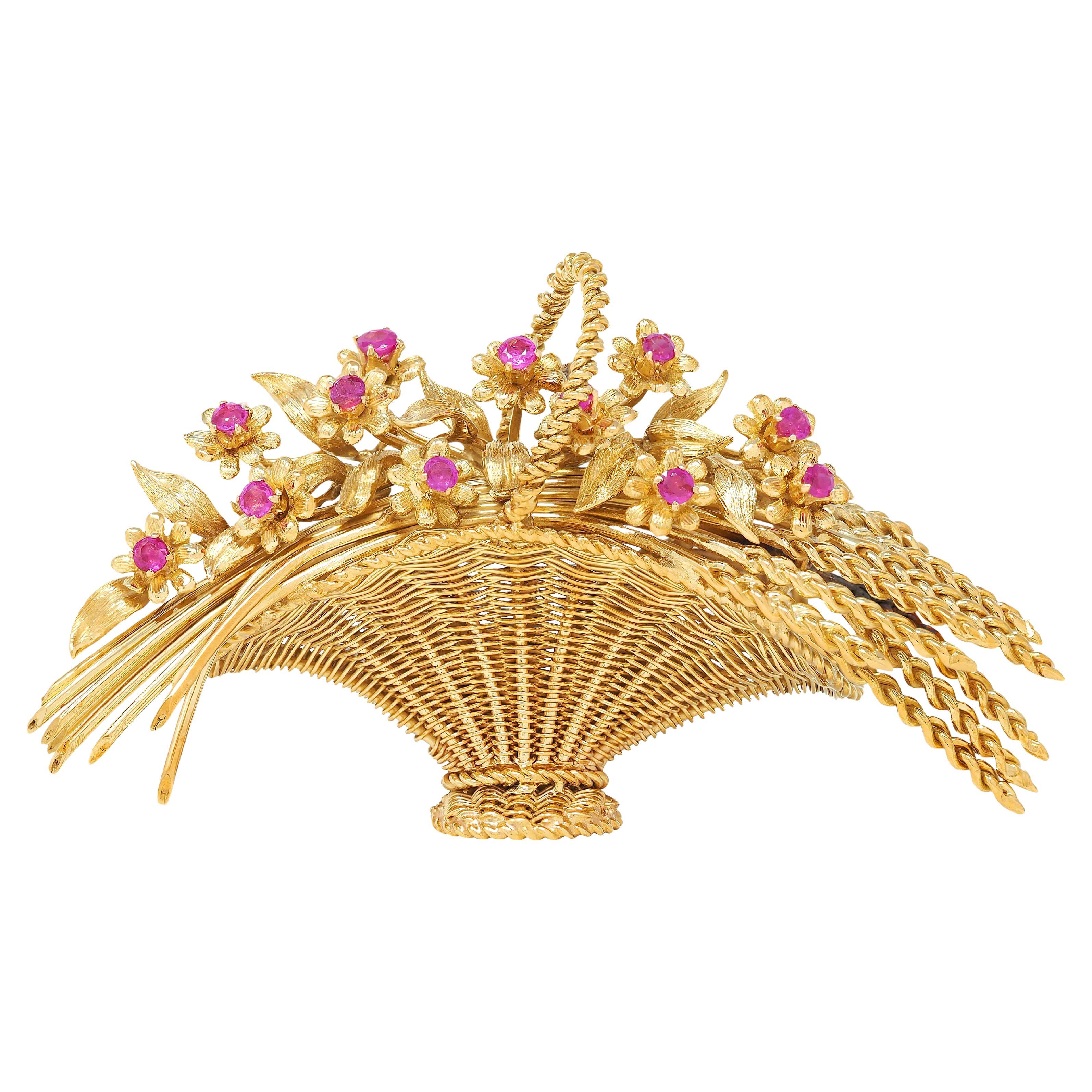 Tiffany & Co. 1950er Jahre Rubin 18 Karat Gelbgold Vintage Giardinetto Blumenbrosche