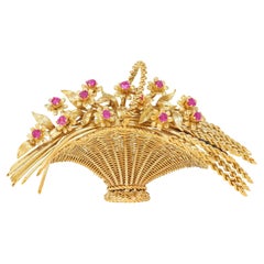 Tiffany & Co. 1950's Ruby 18 Karat Yellow Gold Vintage Giardinetto Flower Brooch