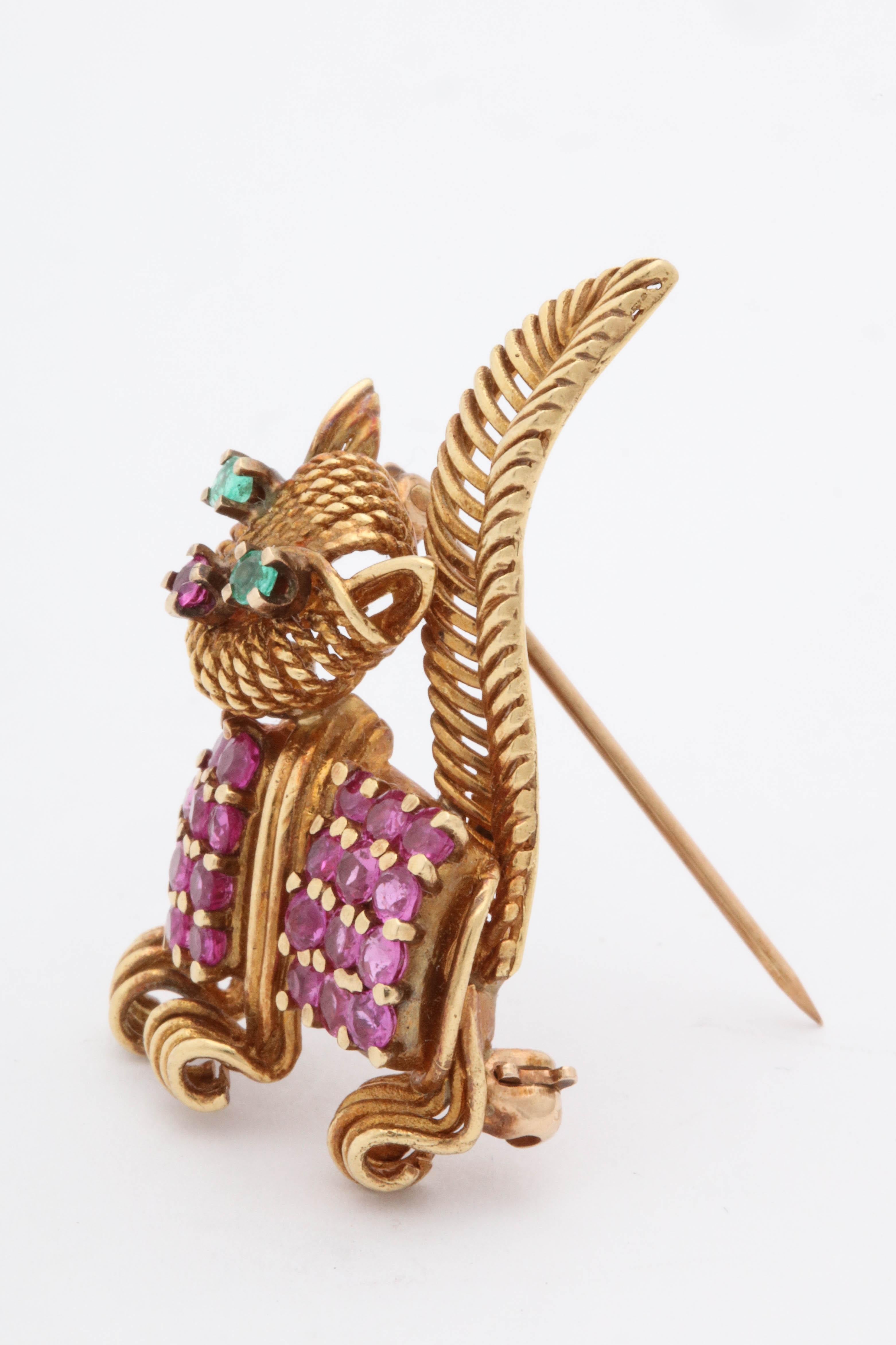 Tiffany & Co. 1950s Ruby and Emerald Whimsical Kitty Cat Gold Brooch 2