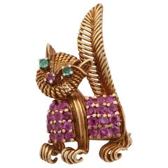 Tiffany & Co. 1950s Ruby and Emerald Whimsical Kitty Cat Gold Brooch
